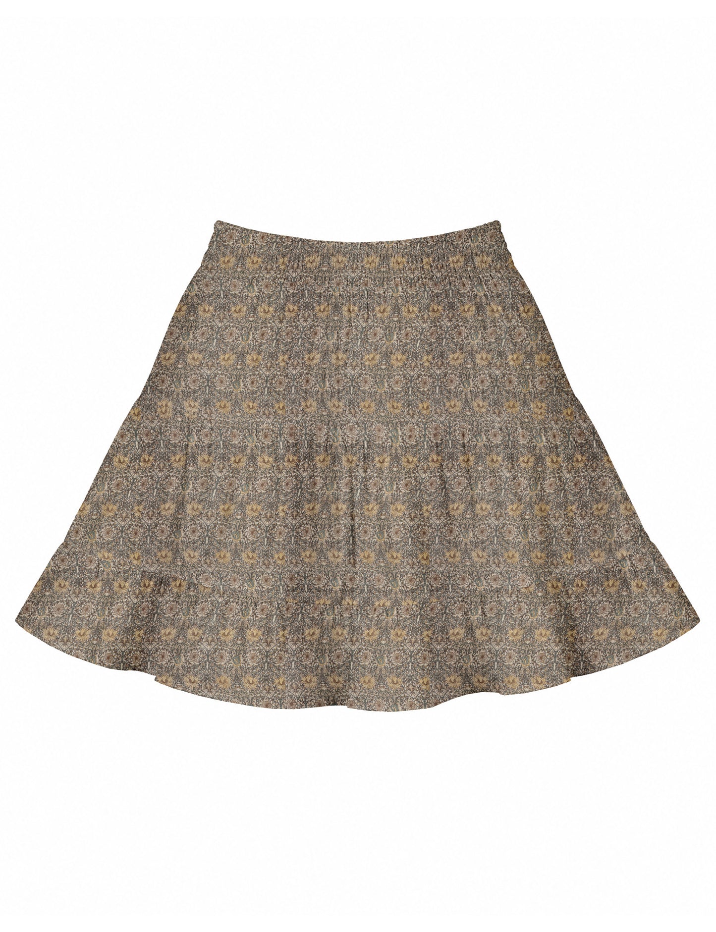 Short tiered skirt with a fitted waistband, knife pleats, softly flared silhouette, side seam pockets, and above-the-knee length.