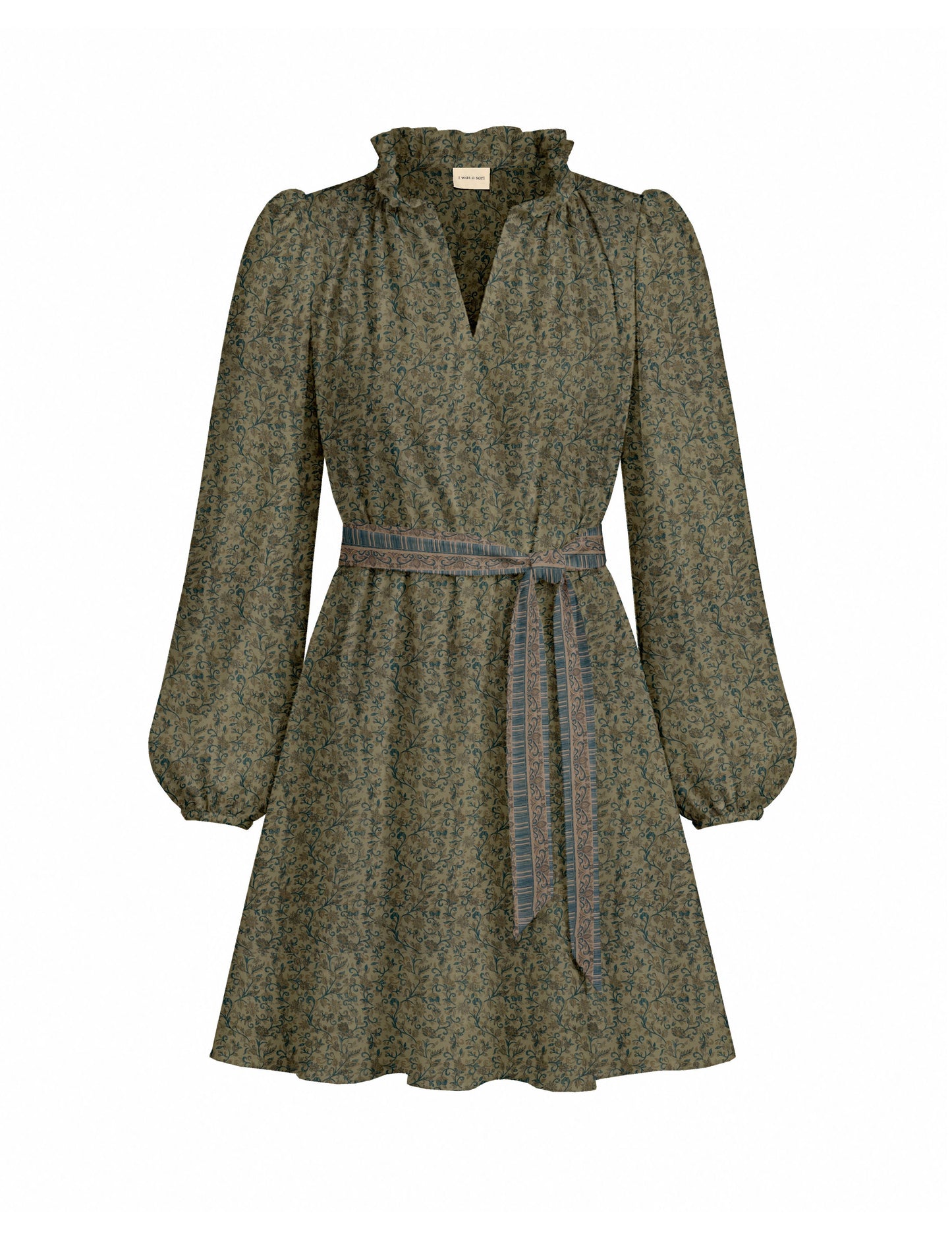Swing dress with detachable tie belt, gathered ruffle neckline, full-length voluminous sleeves, elastic cuffs, and relaxed A-line silhouette in an above-knee length.