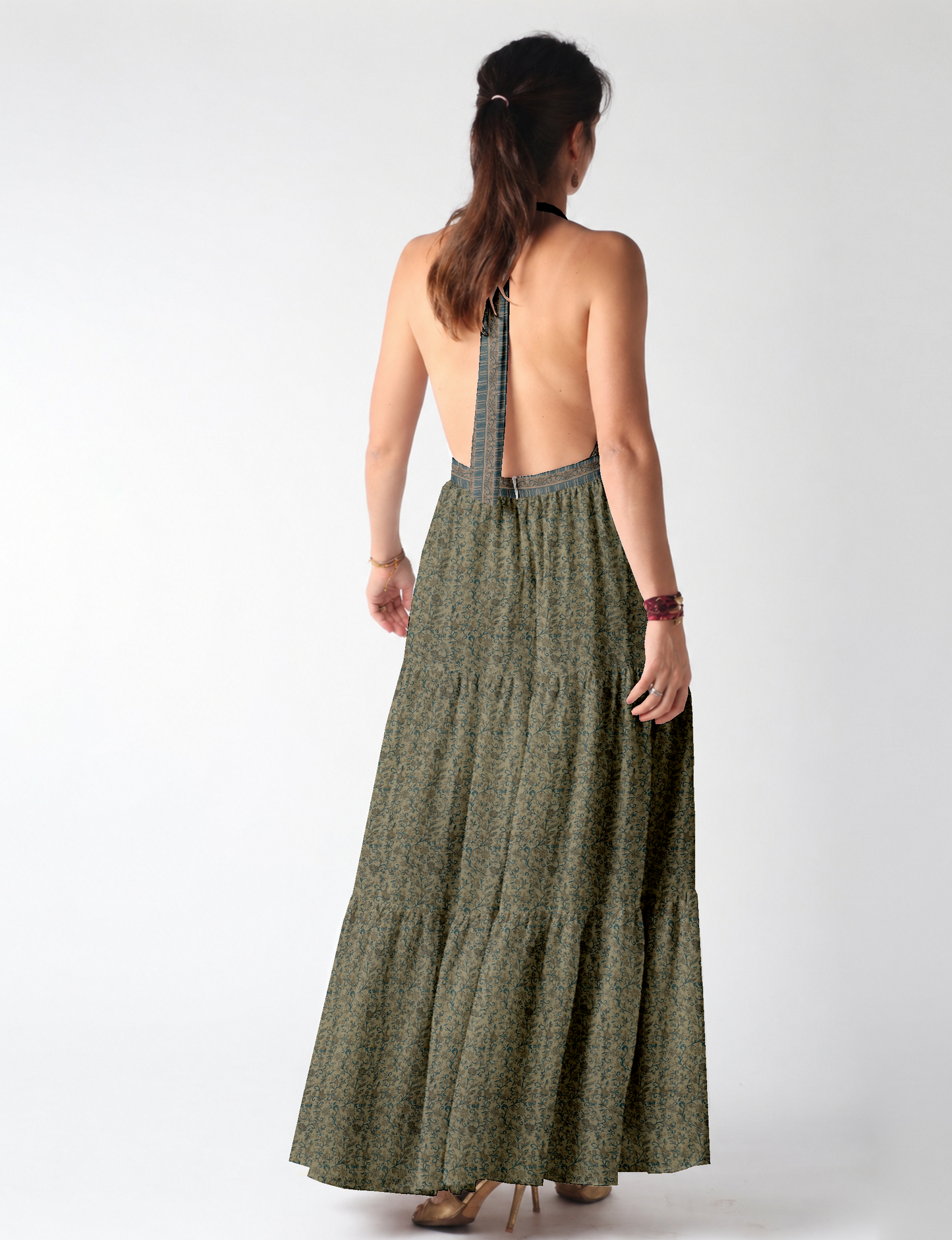 Halter neck maxi dress with tiered layers and elasticated back