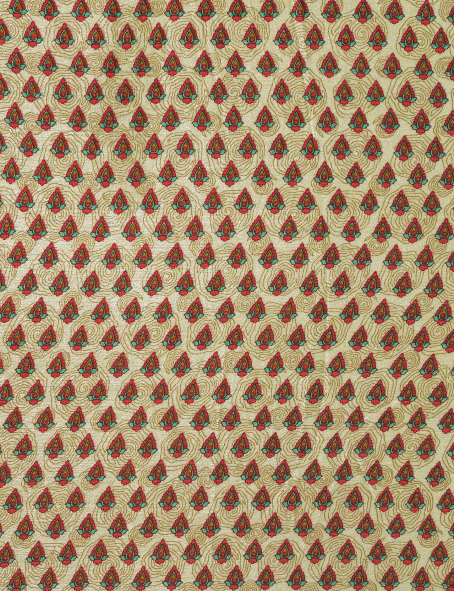 Beige fabric with red and green Indian ethnic floral motifs and gold swirl embroidery pattern