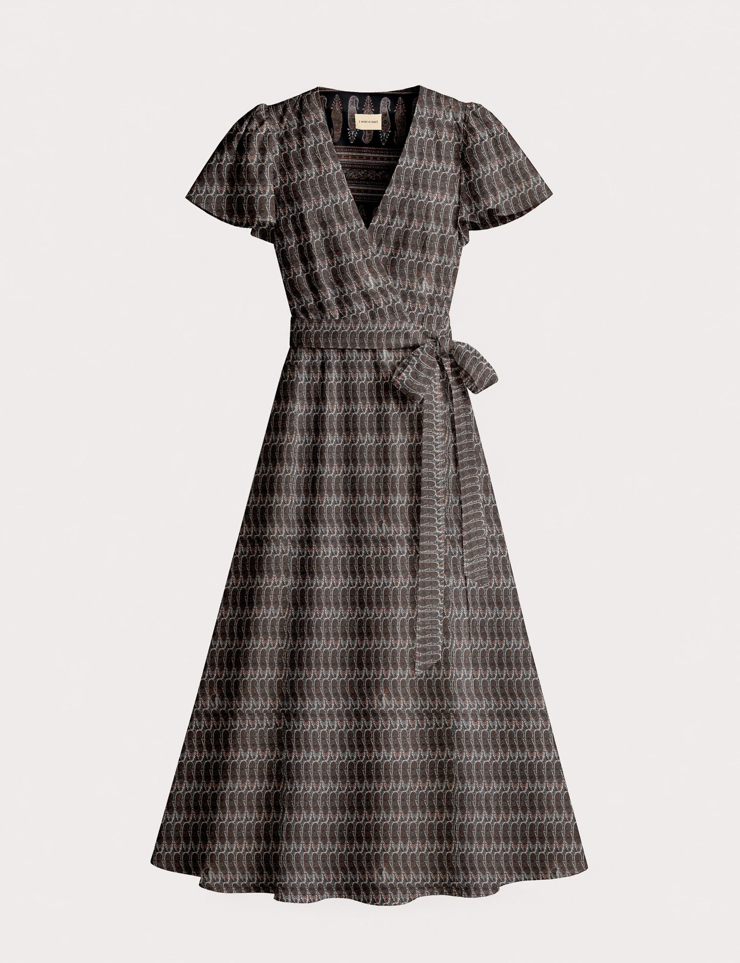 Elegant midi wrap dress with a V-neckline, adjustable waist tie, fitted bodice, and flared skirt for a timeless, flattering silhouette.