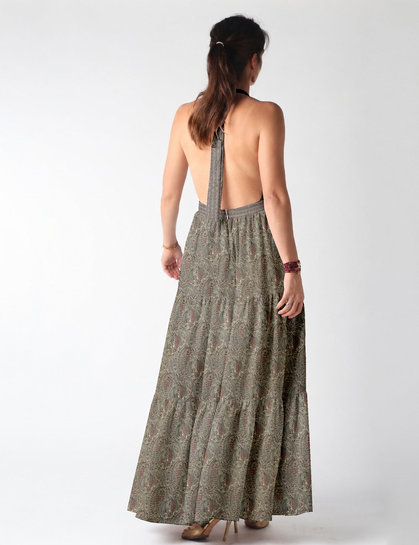 Halter neck maxi dress with tiered layers and elasticated back