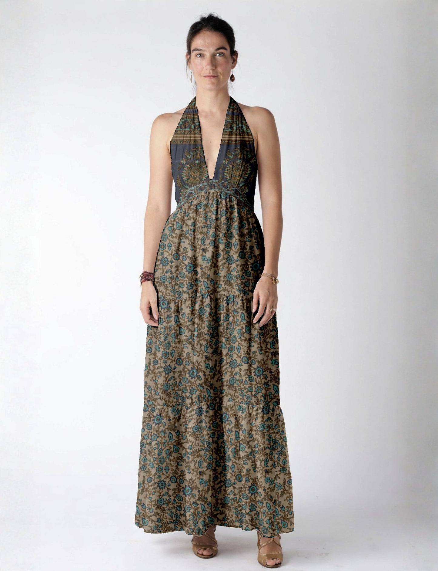 Maxi dress side view highlighting volume and movement