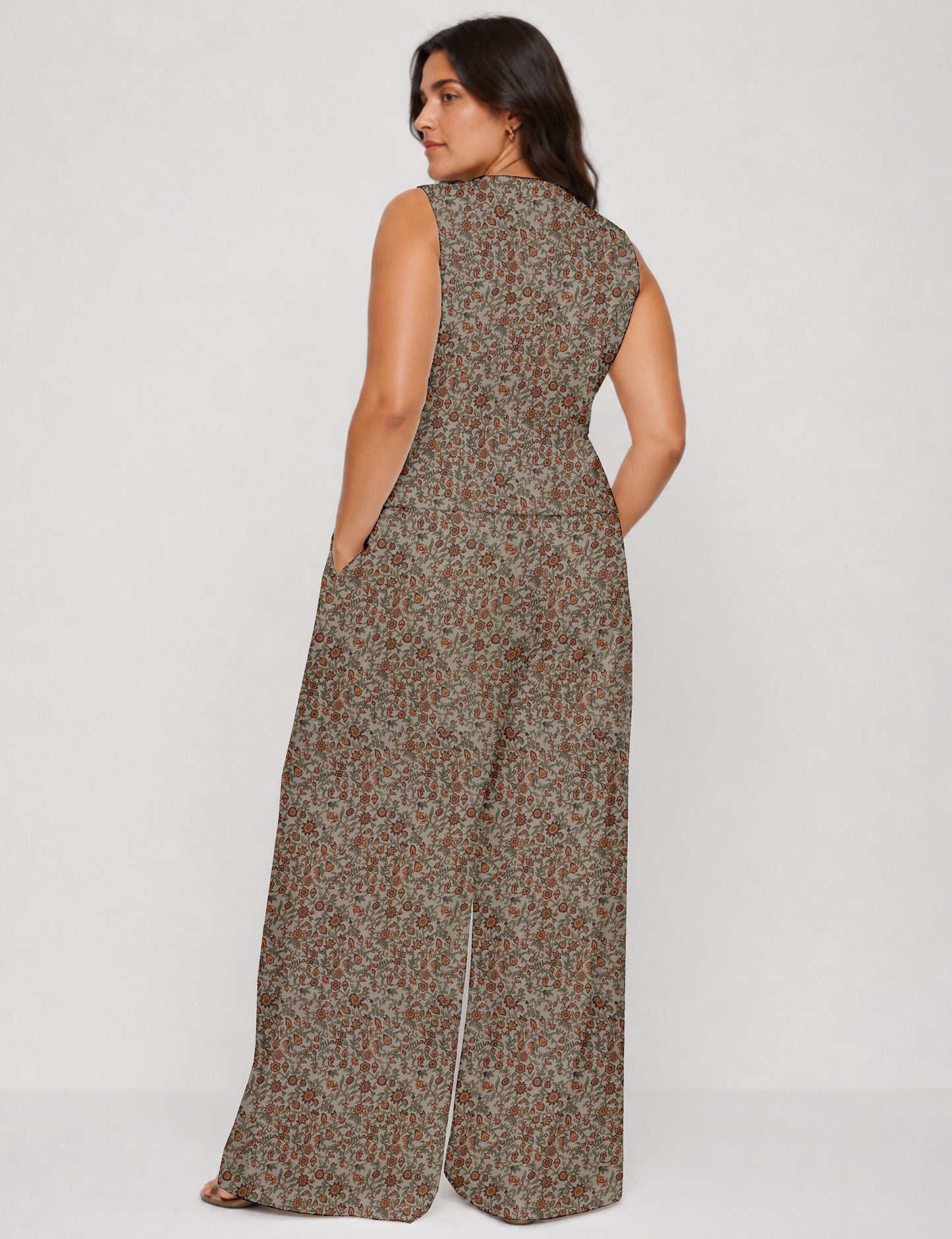 Women's tailored waistcoat set with a sleeveless V-neck button-front waistcoat and high-rise wide leg trousers in a coordinated matching outfit.