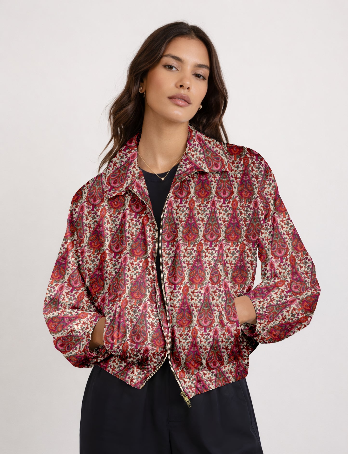Upcycled Bomber Jacket made from recycled sari materials, featuring a cute cropped shape, elasticated hem and cuffs, and contrast sari print lining. Sustainable apparel promoting eco-friendly fashion and ethical clothing.