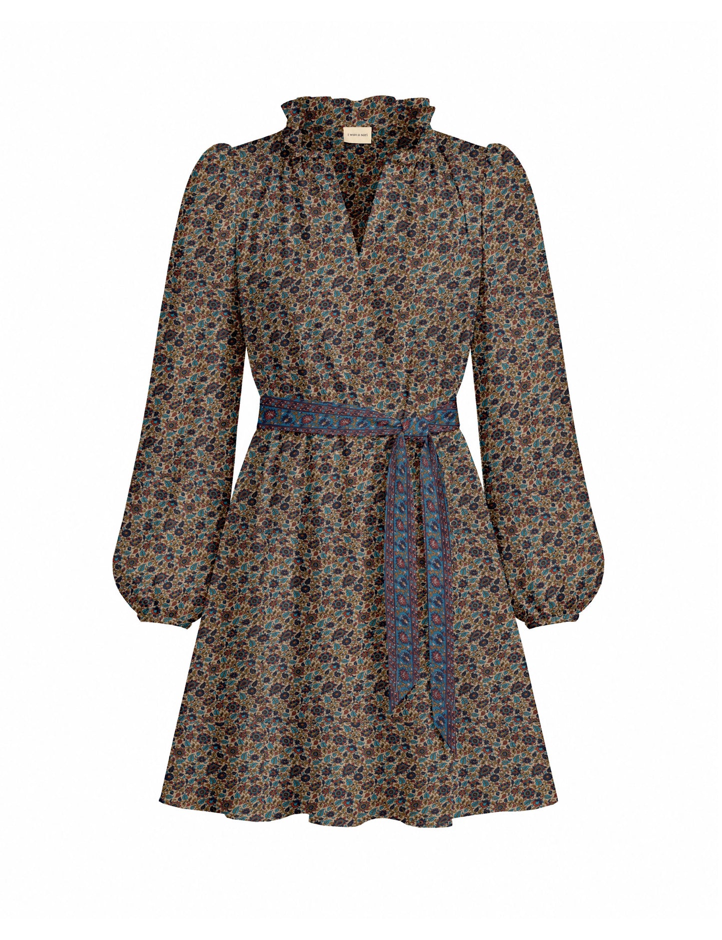 Swing dress with detachable tie belt, gathered ruffle neckline, full-length voluminous sleeves, elastic cuffs, and relaxed A-line silhouette in an above-knee length.
