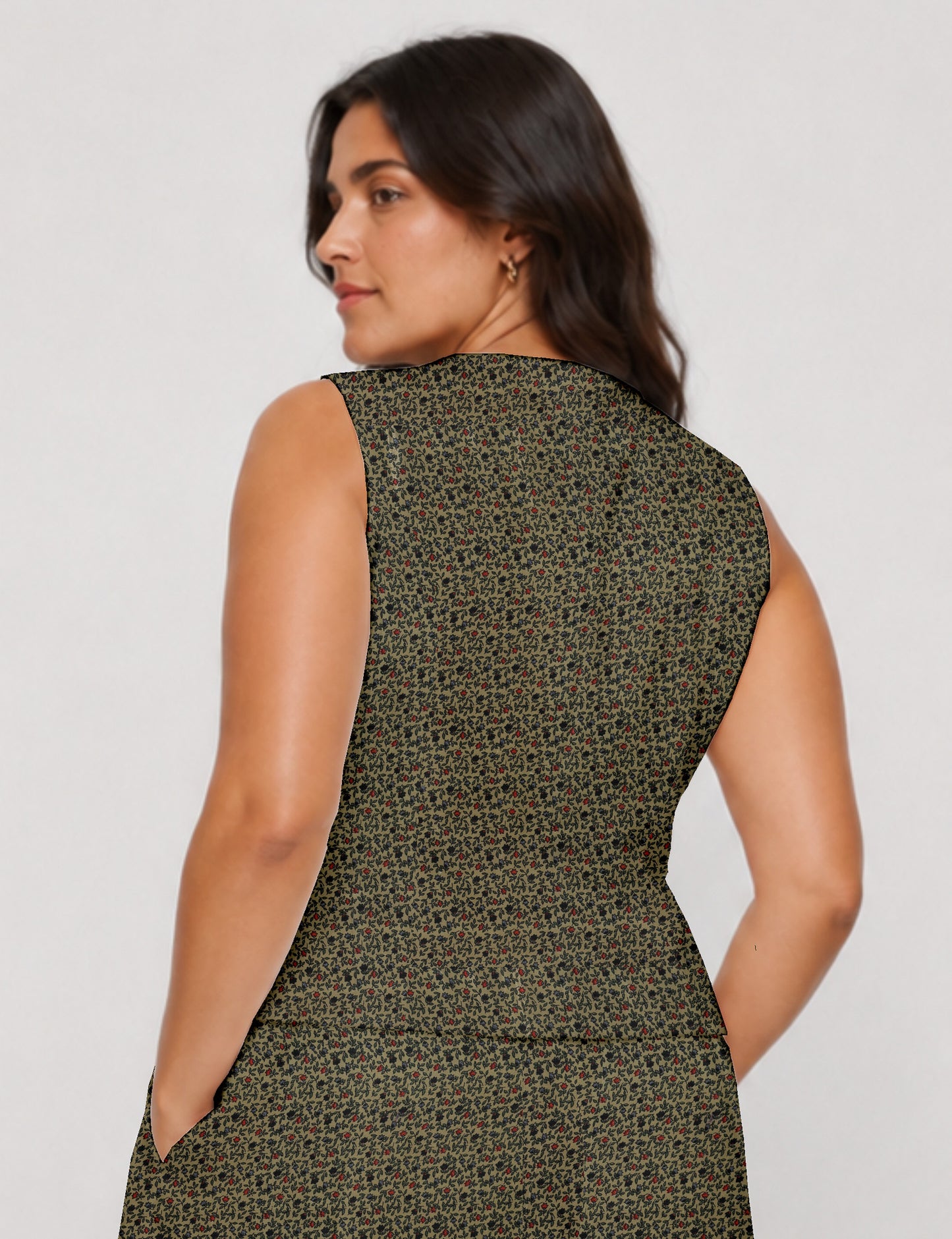 Women's fitted waistcoat with V-neck, single-breasted button closure, tailored silhouette, and pointed hem in sustainable fashion.