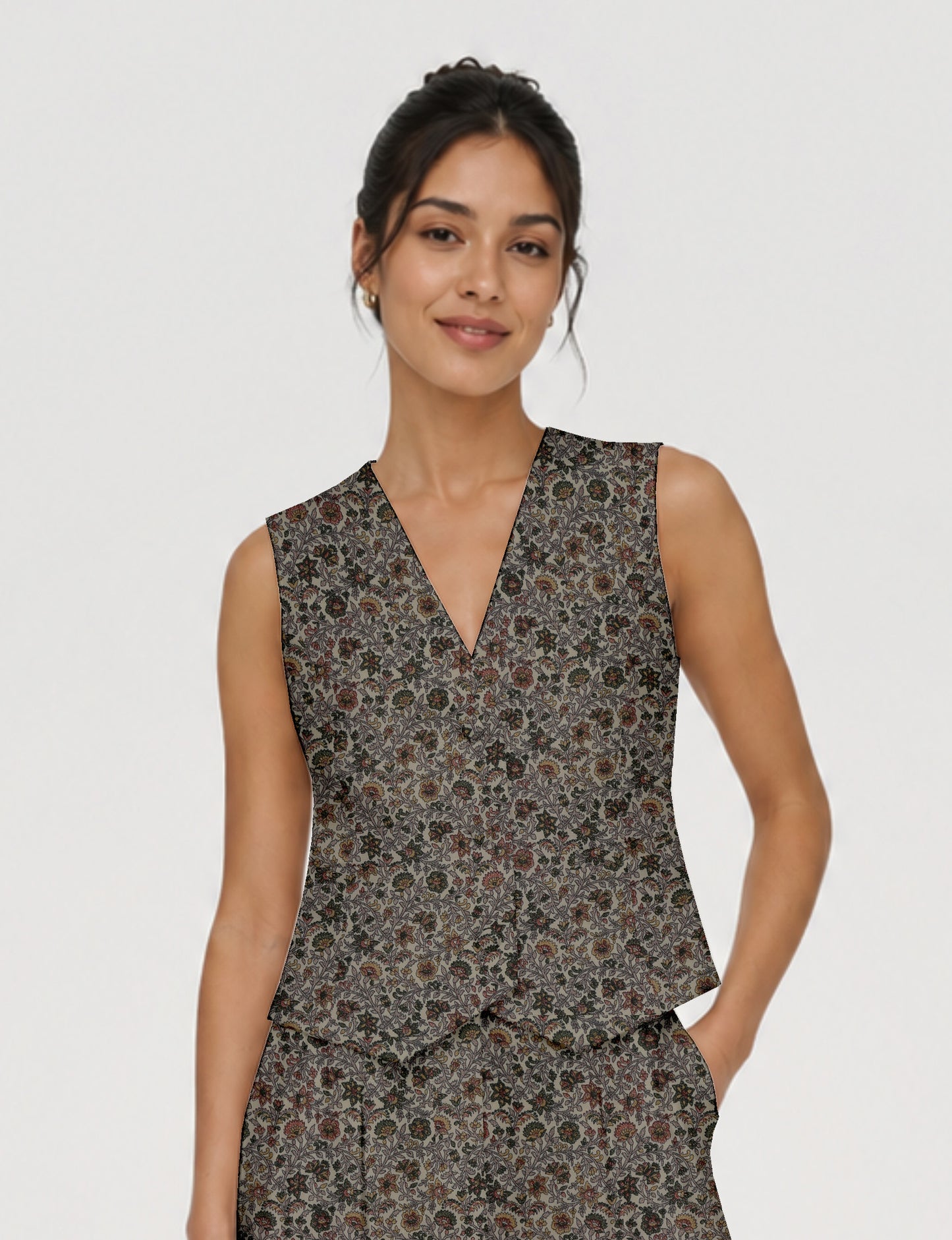 Women's fitted waistcoat with V-neck, single-breasted button closure, tailored silhouette, and pointed hem in sustainable fashion.