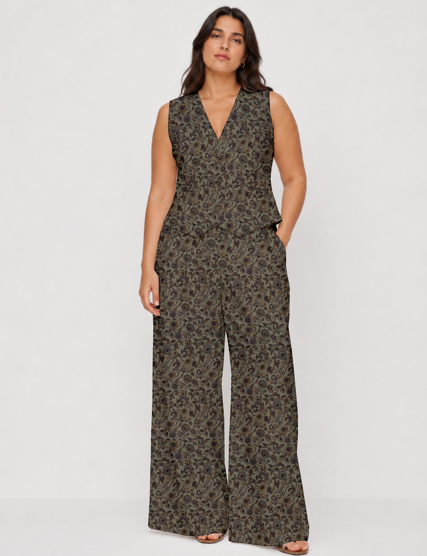 Women's tailored waistcoat set with a sleeveless V-neck button-front waistcoat and high-rise wide leg trousers in a coordinated matching outfit.