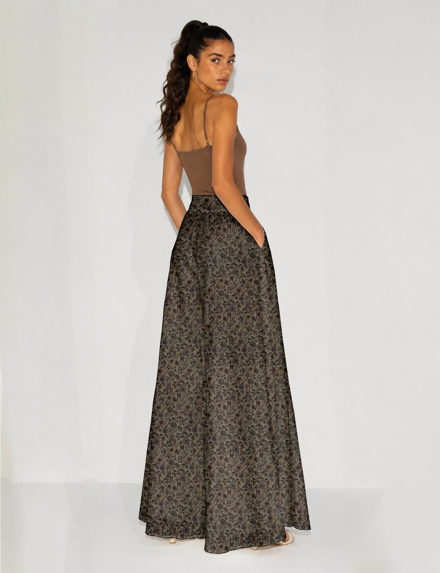 Wide Leg Palazzo Trousers - Beige Tropical