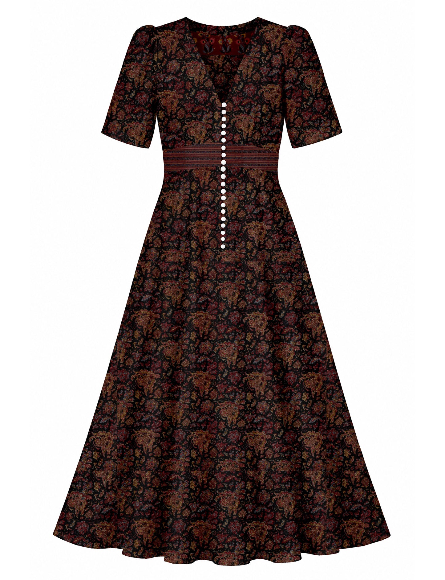 Maxi romantic dress with a fitted bodice, V-neckline, functional button placket, structured waist panel, short sleeves, and a softly flared ankle-length A-line skirt.