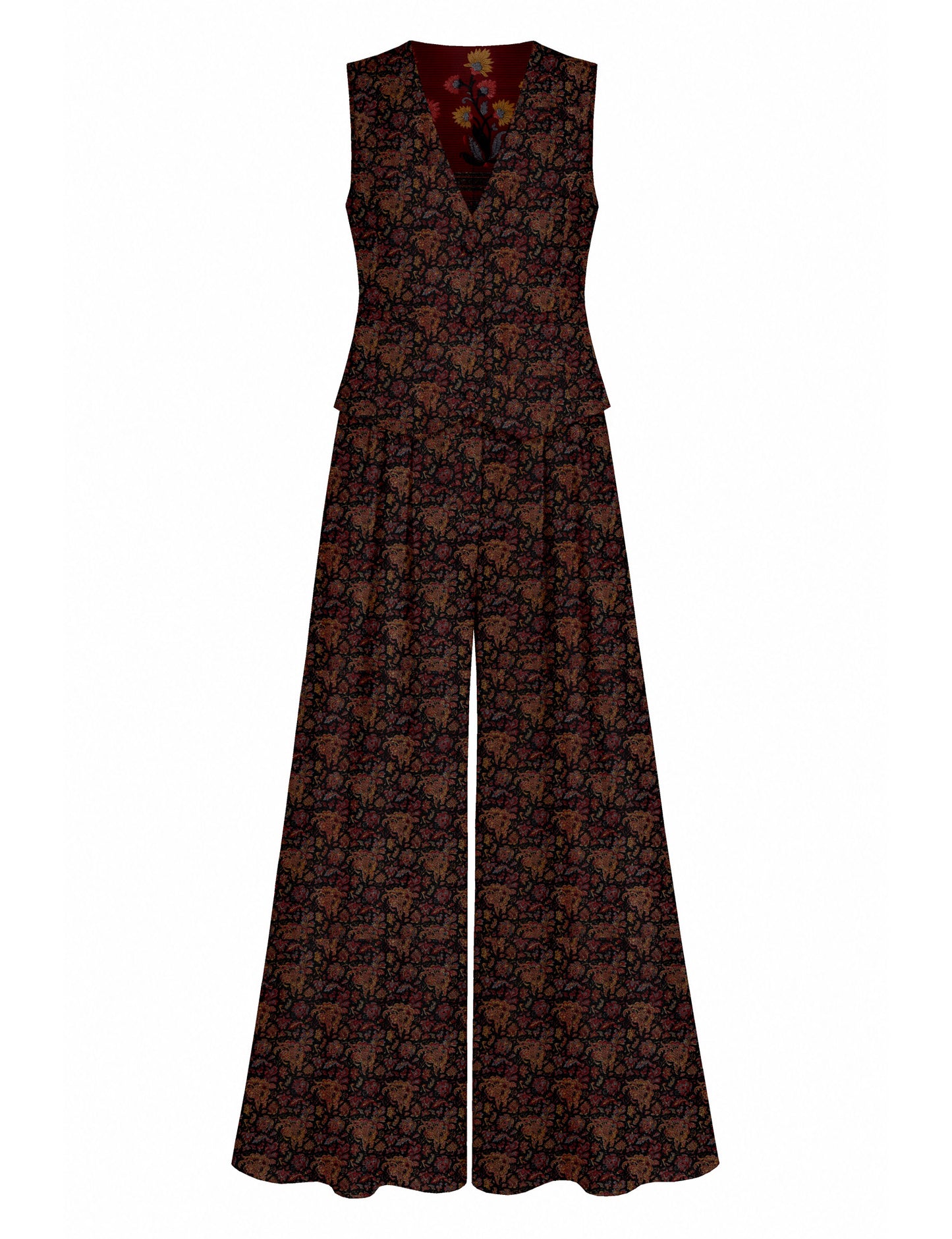 Women's tailored waistcoat set with a sleeveless V-neck button-front waistcoat and high-rise wide leg trousers in a coordinated matching outfit.