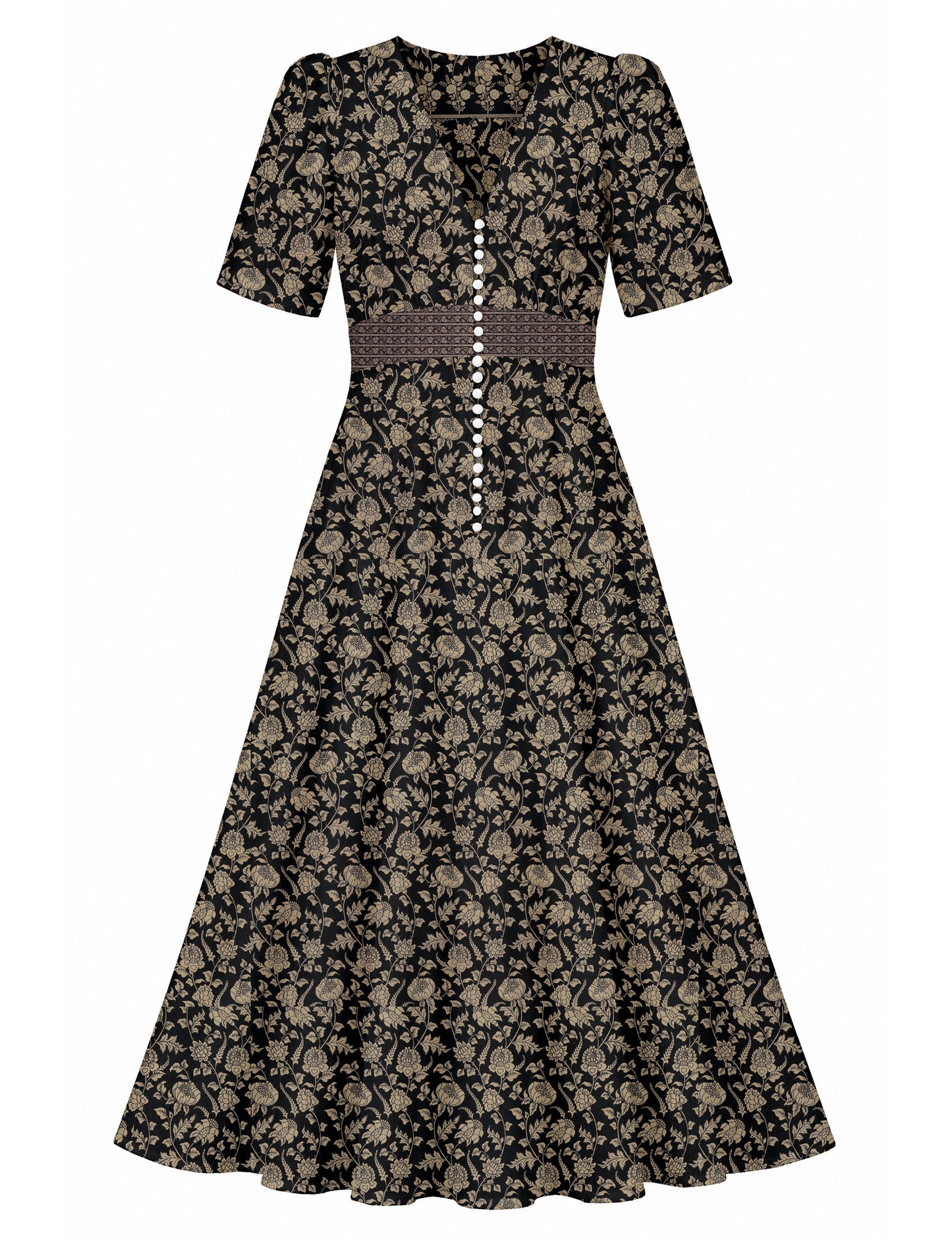 Maxi romantic dress with a fitted bodice, V-neckline, functional button placket, structured waist panel, short sleeves, and a softly flared ankle-length A-line skirt.
