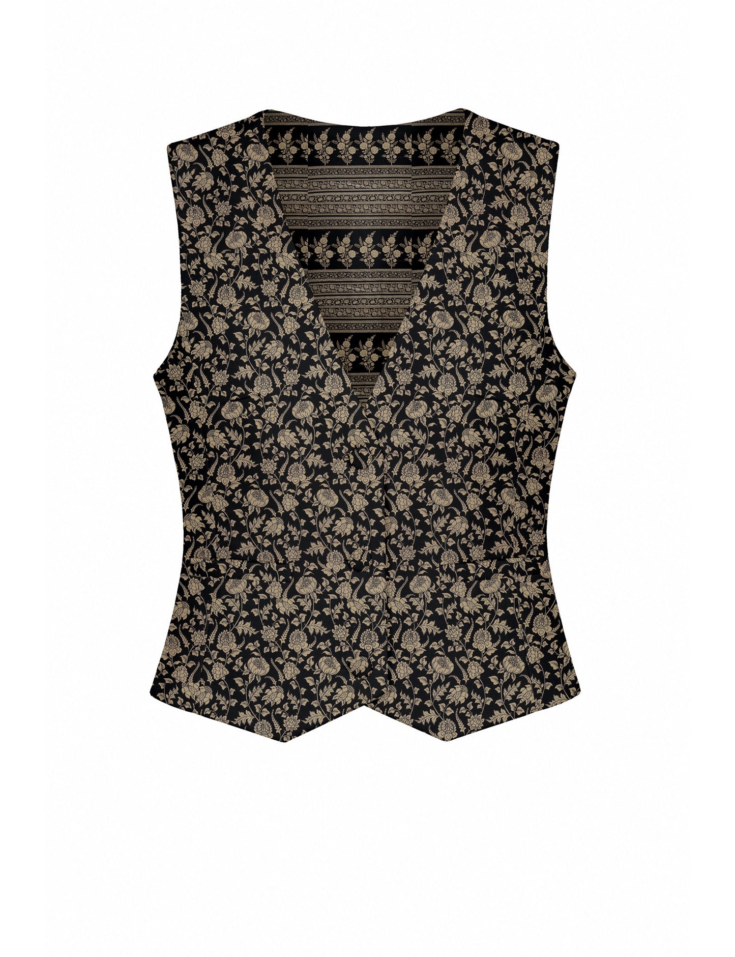 Women's fitted waistcoat with V-neck, single-breasted button closure, tailored silhouette, and pointed hem in sustainable fashion.