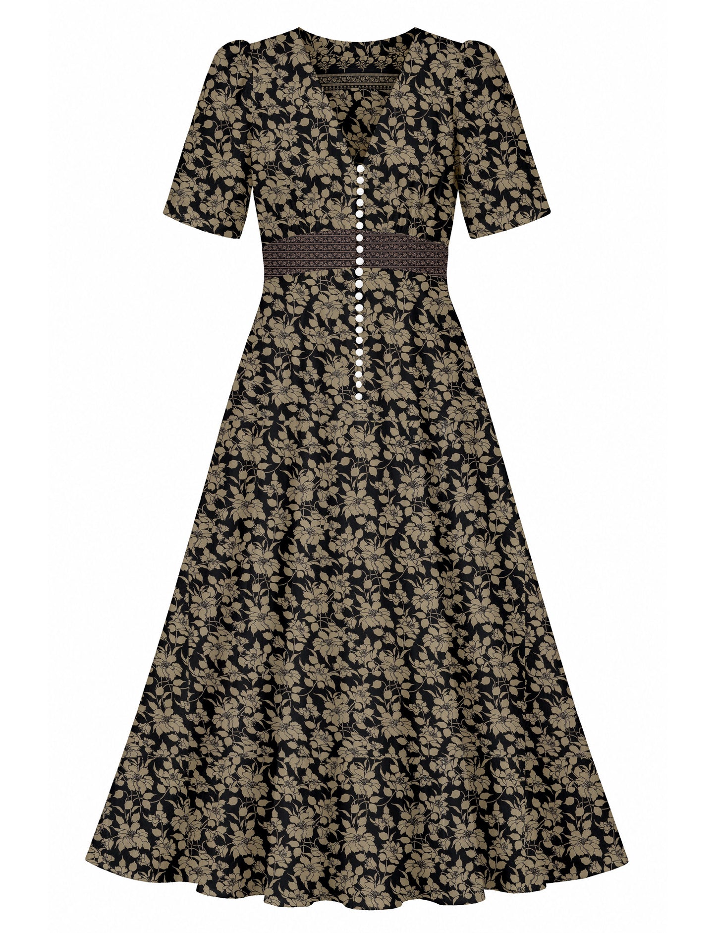 Maxi romantic dress with a fitted bodice, V-neckline, functional button placket, structured waist panel, short sleeves, and a softly flared ankle-length A-line skirt.