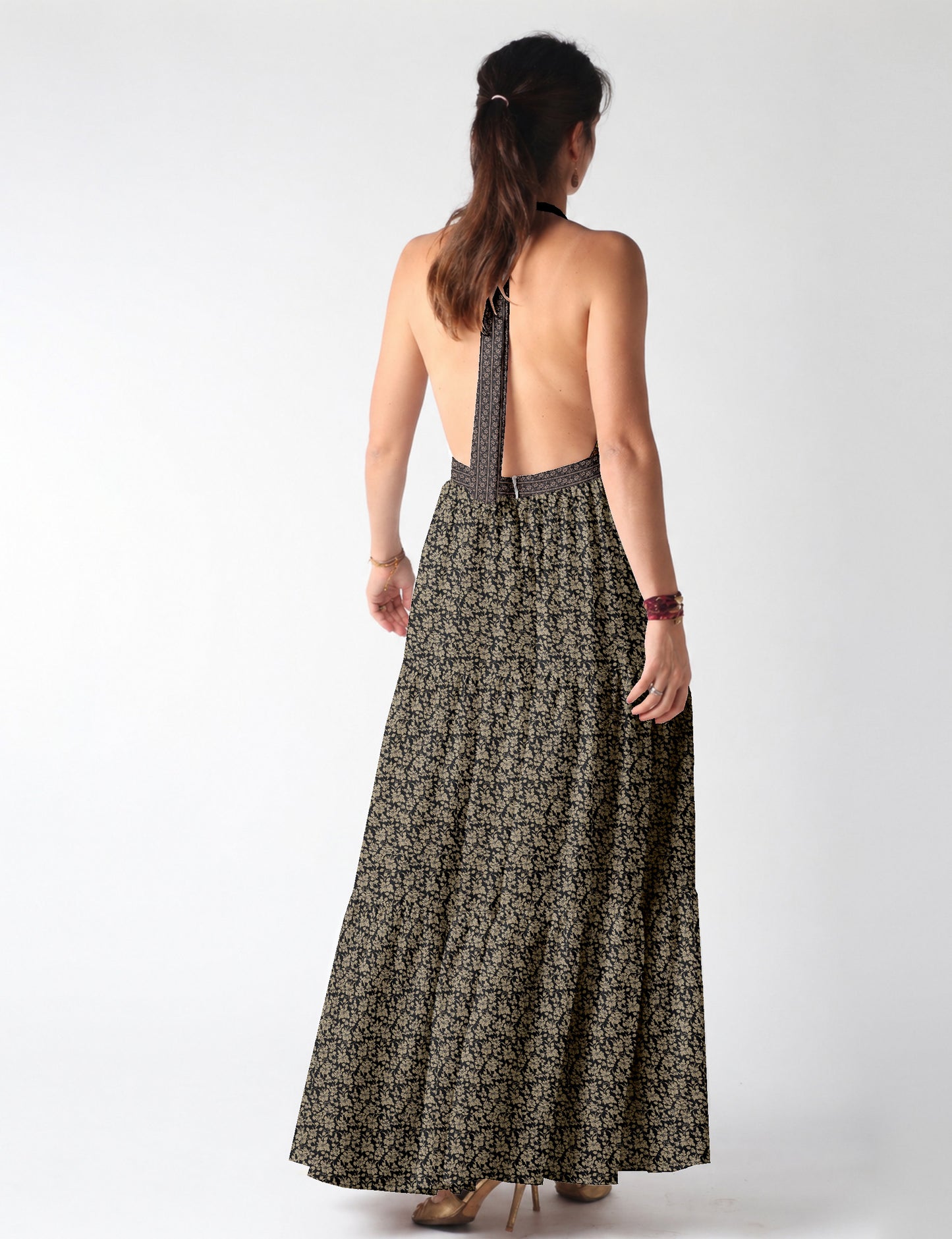 Halter neck maxi dress with tiered layers and elasticated back