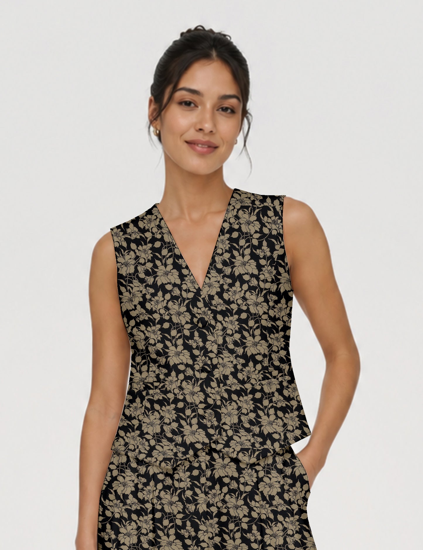 Women's fitted waistcoat with V-neck, single-breasted button closure, tailored silhouette, and pointed hem in sustainable fashion.