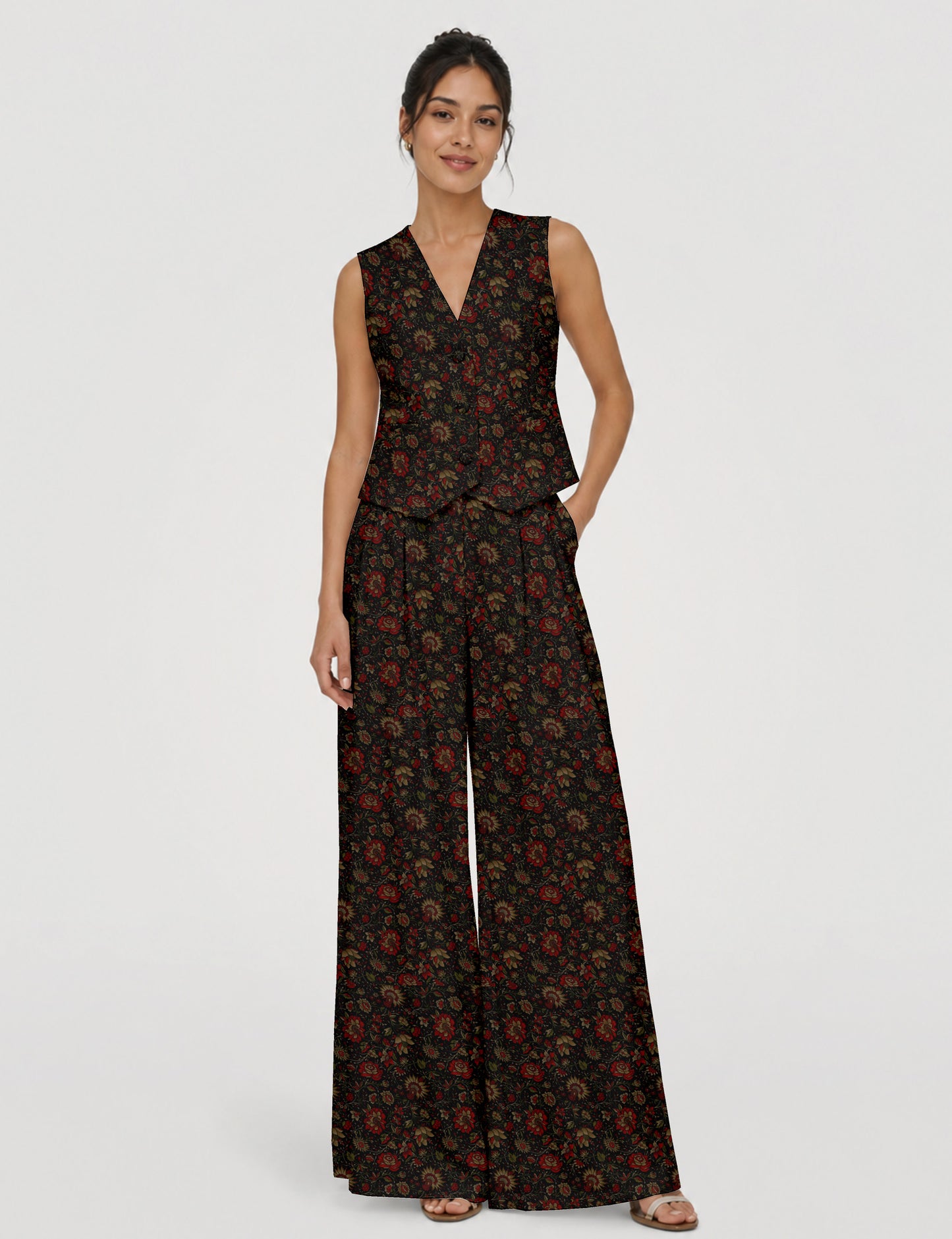 Women's tailored waistcoat set with a sleeveless V-neck button-front waistcoat and high-rise wide leg trousers in a coordinated matching outfit.