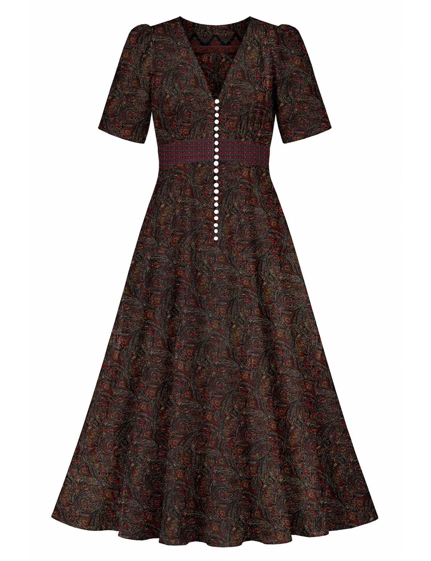 Maxi romantic dress with a fitted bodice, V-neckline, functional button placket, structured waist panel, short sleeves, and a softly flared ankle-length A-line skirt.