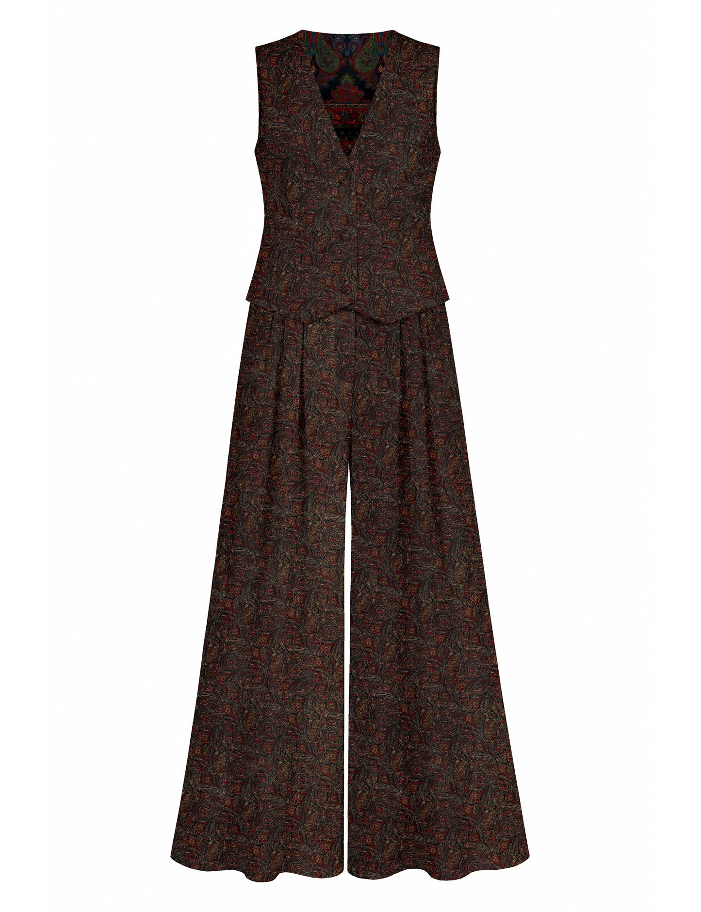 Women's tailored waistcoat set with a sleeveless V-neck button-front waistcoat and high-rise wide leg trousers in a coordinated matching outfit.