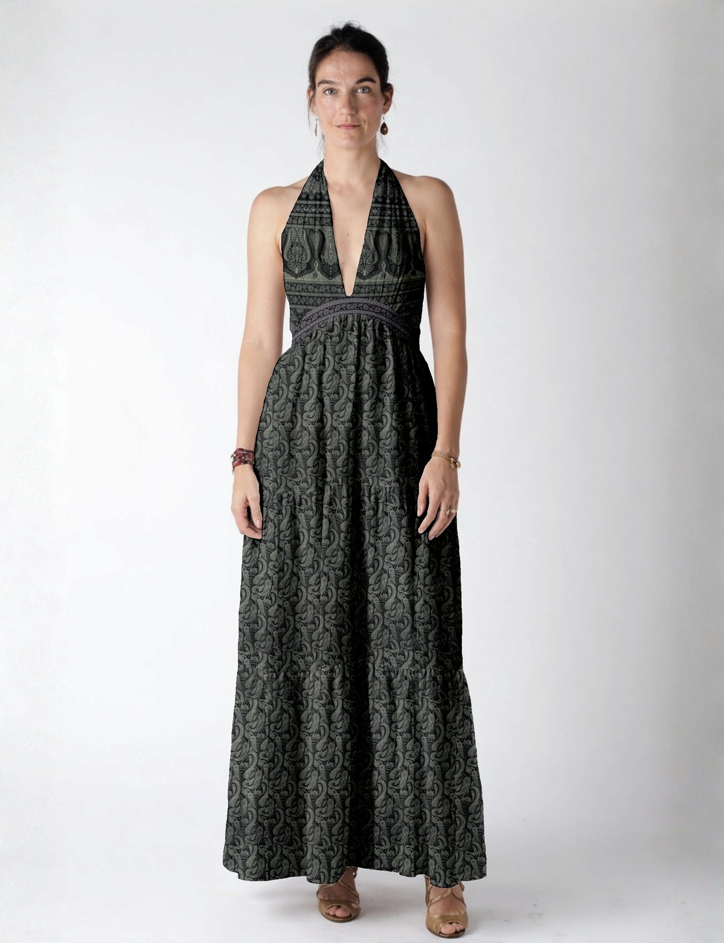 Halter neck maxi dress with tiered layers and elasticated back
