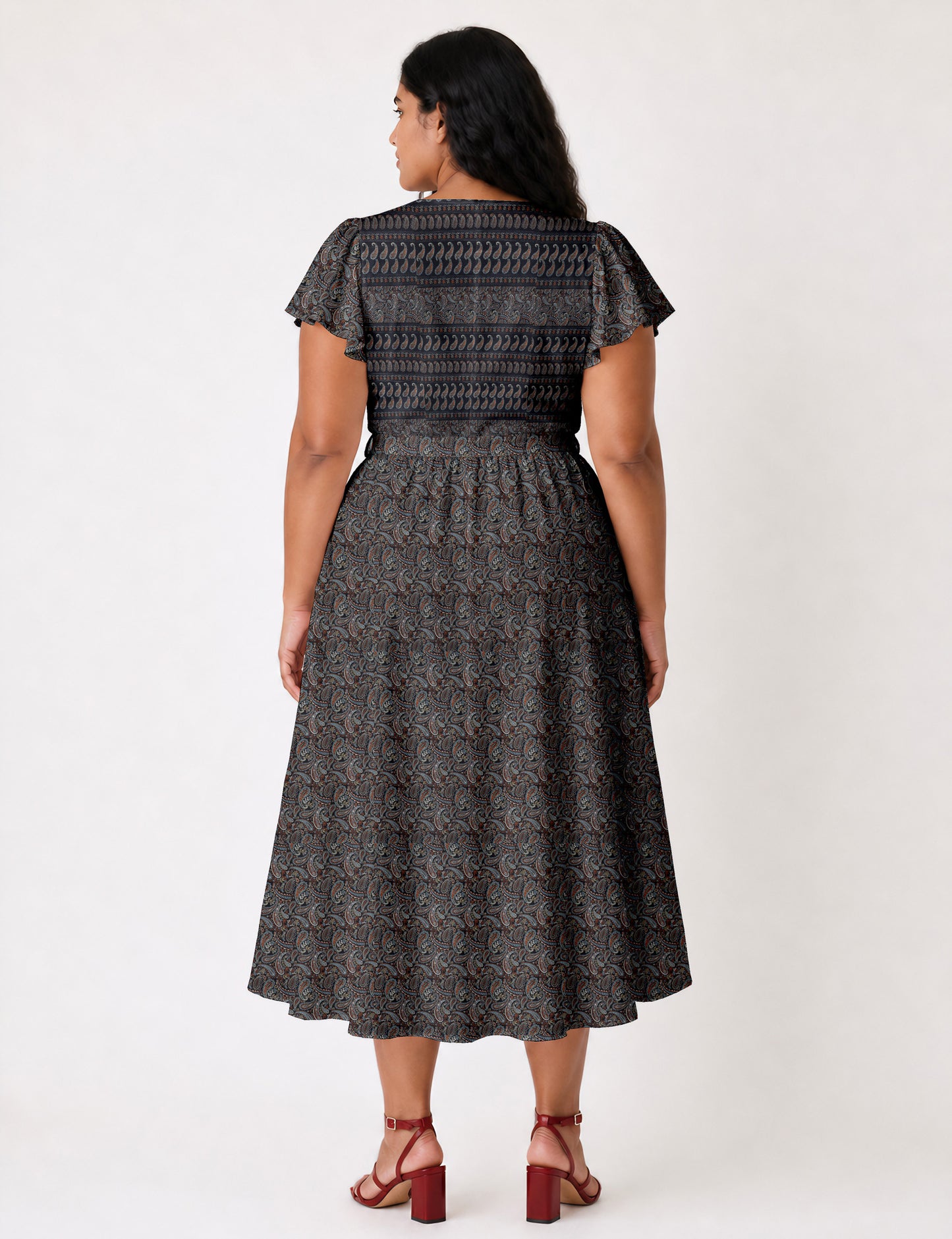 Elegant midi wrap dress with a V-neckline, adjustable waist tie, fitted bodice, and flared skirt for a timeless, flattering silhouette.