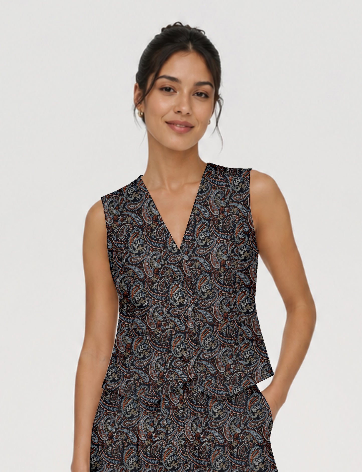 Women's fitted waistcoat with V-neck, single-breasted button closure, tailored silhouette, and pointed hem in sustainable fashion.