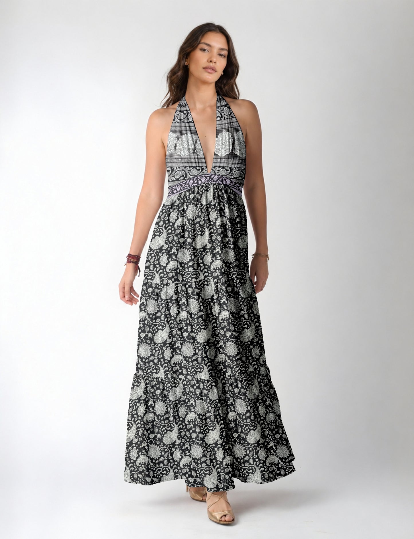 Maxi dress side view highlighting volume and movement