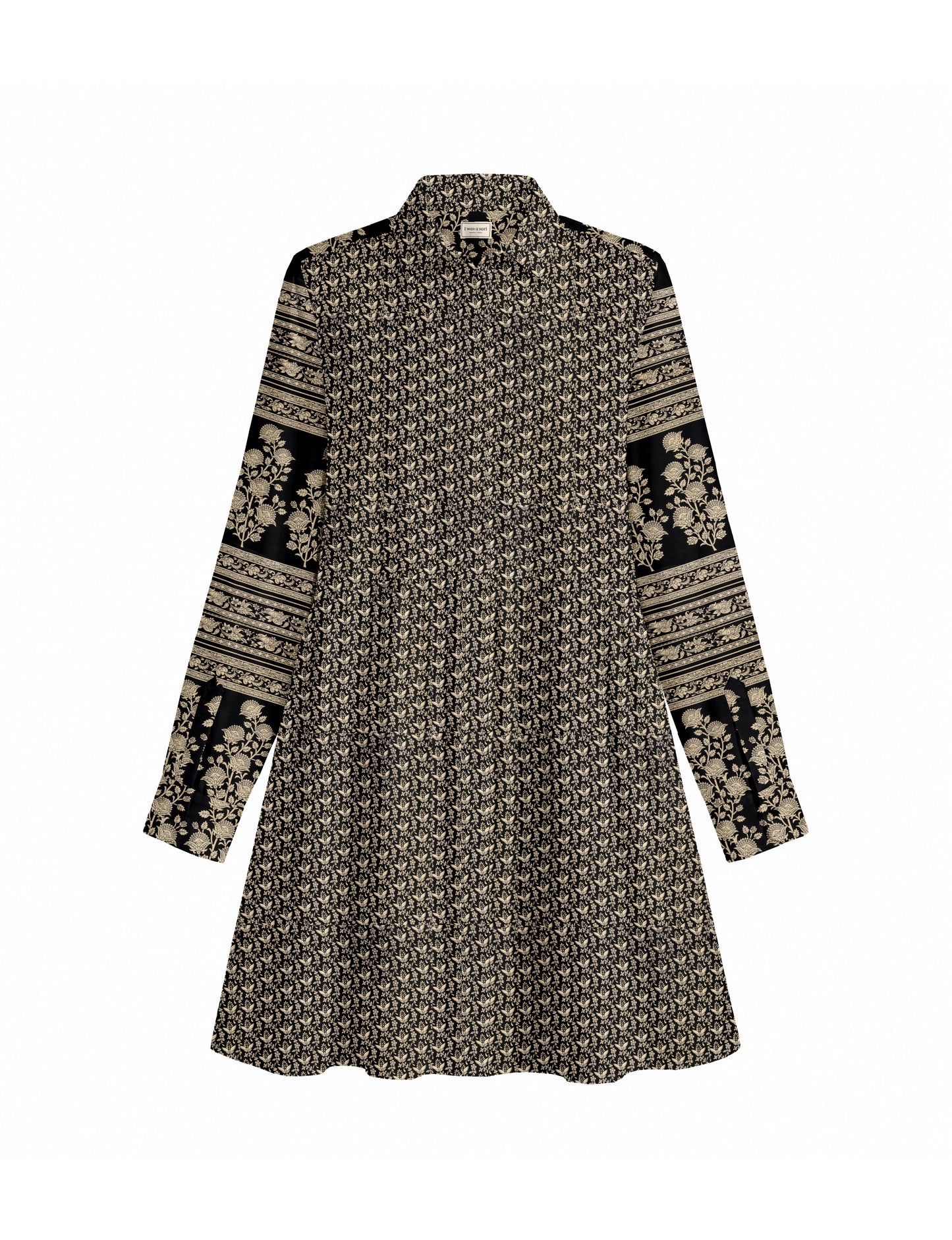 Short shirt dress with a relaxed A-line silhouette, point collar, partial button placket, gathered waist, side pockets, and full-length cuffed sleeves.