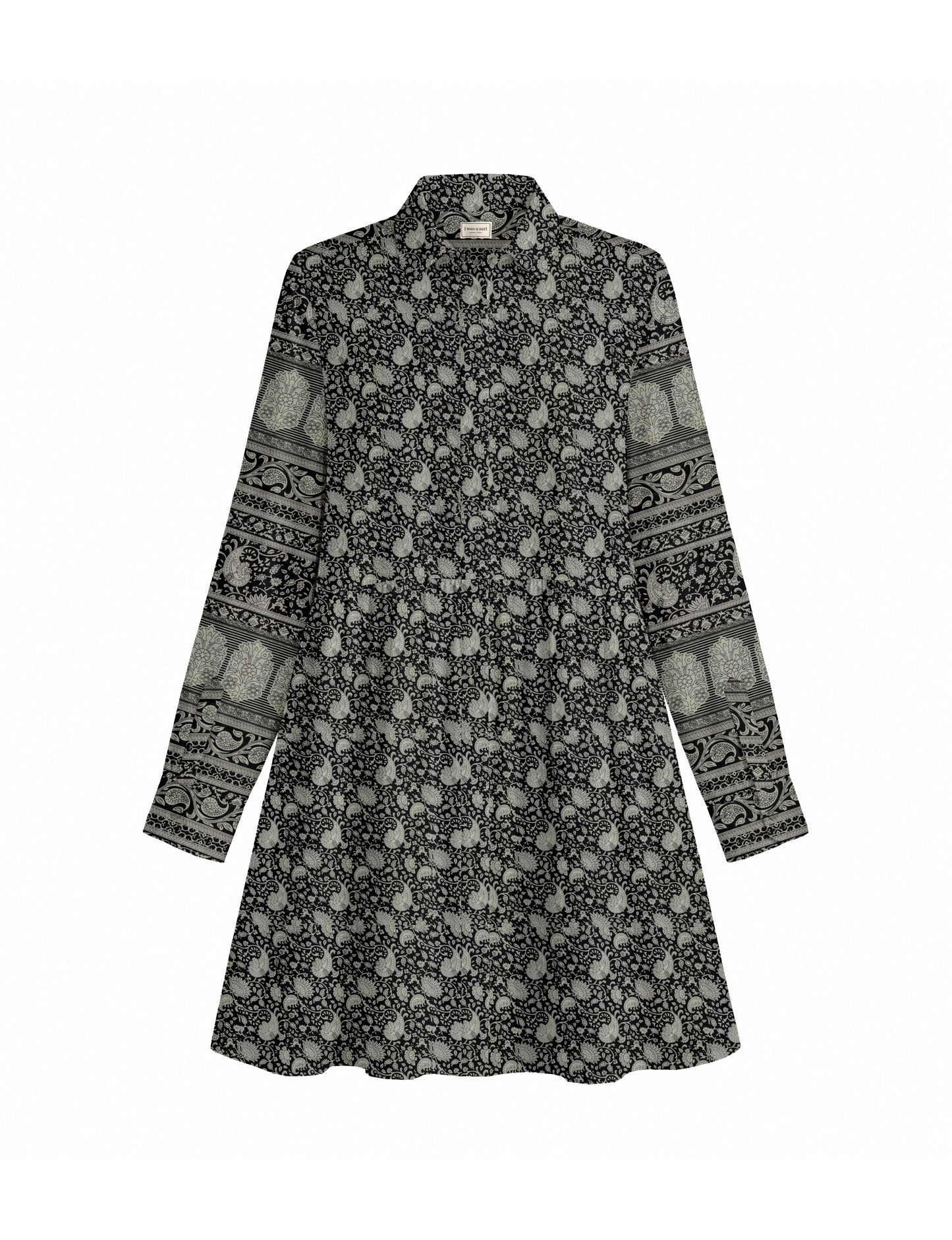 Short shirt dress with a relaxed A-line silhouette, point collar, partial button placket, gathered waist, side pockets, and full-length cuffed sleeves.