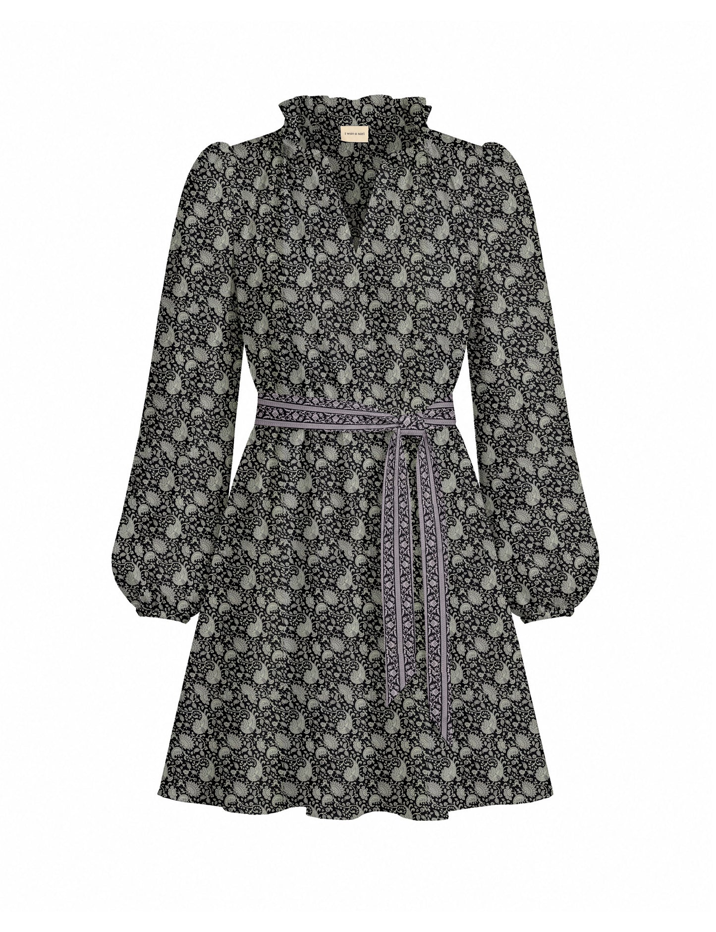Swing dress with detachable tie belt, gathered ruffle neckline, full-length voluminous sleeves, elastic cuffs, and relaxed A-line silhouette in an above-knee length.