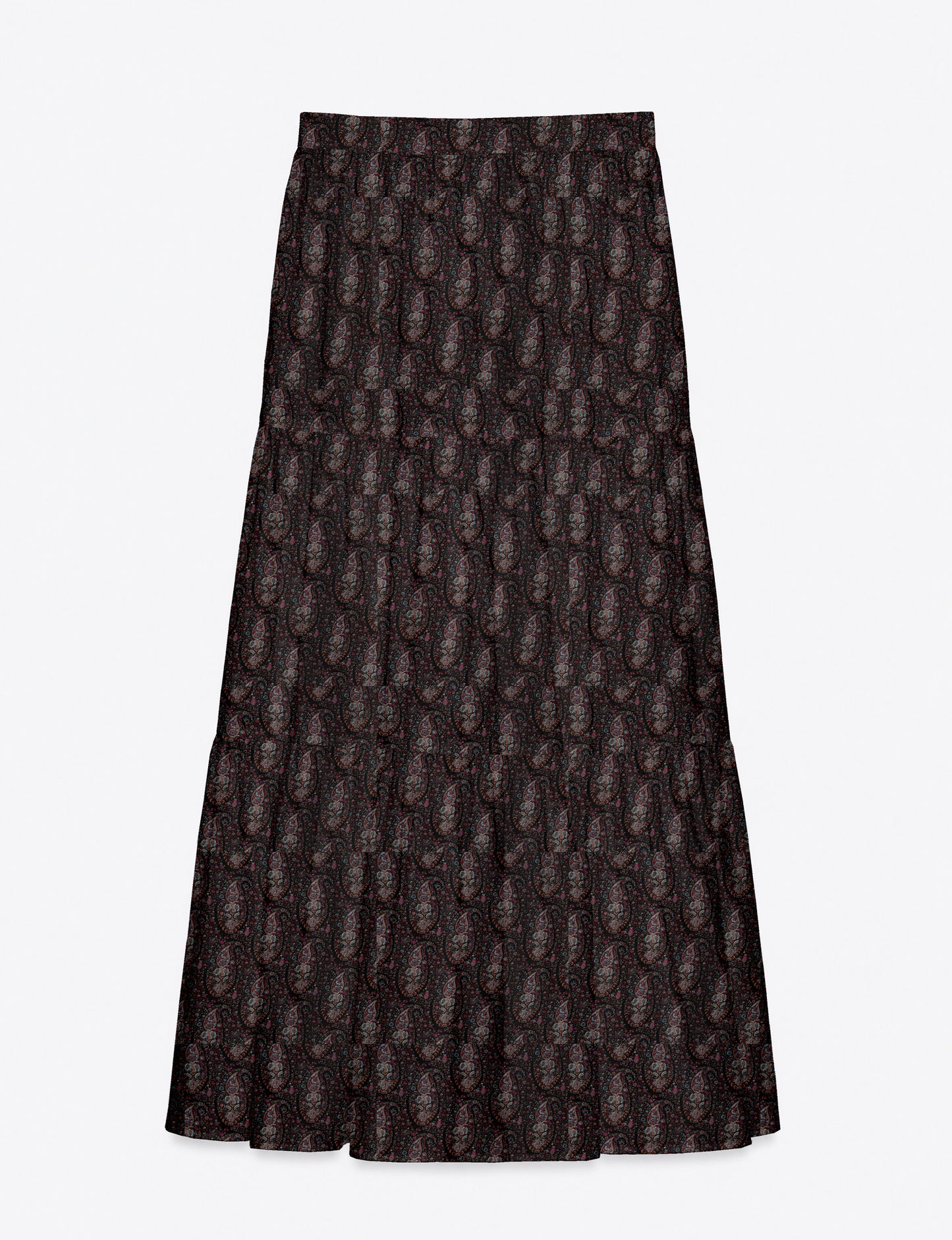 Yellow midi tiered skirt with small dark geometric micro pattern, flat lay front view