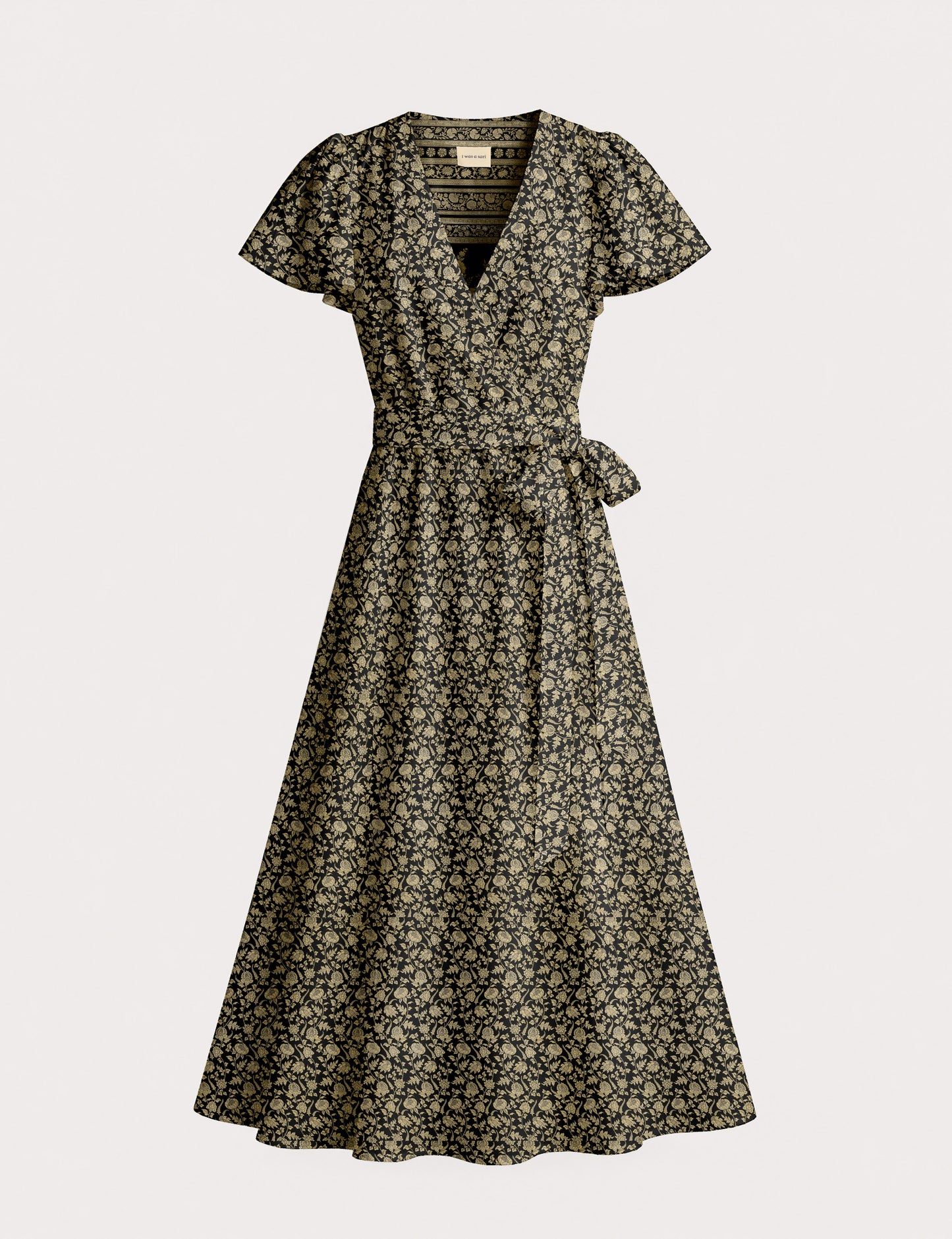 Elegant midi wrap dress with a V-neckline, adjustable waist tie, fitted bodice, and flared skirt for a timeless, flattering silhouette.