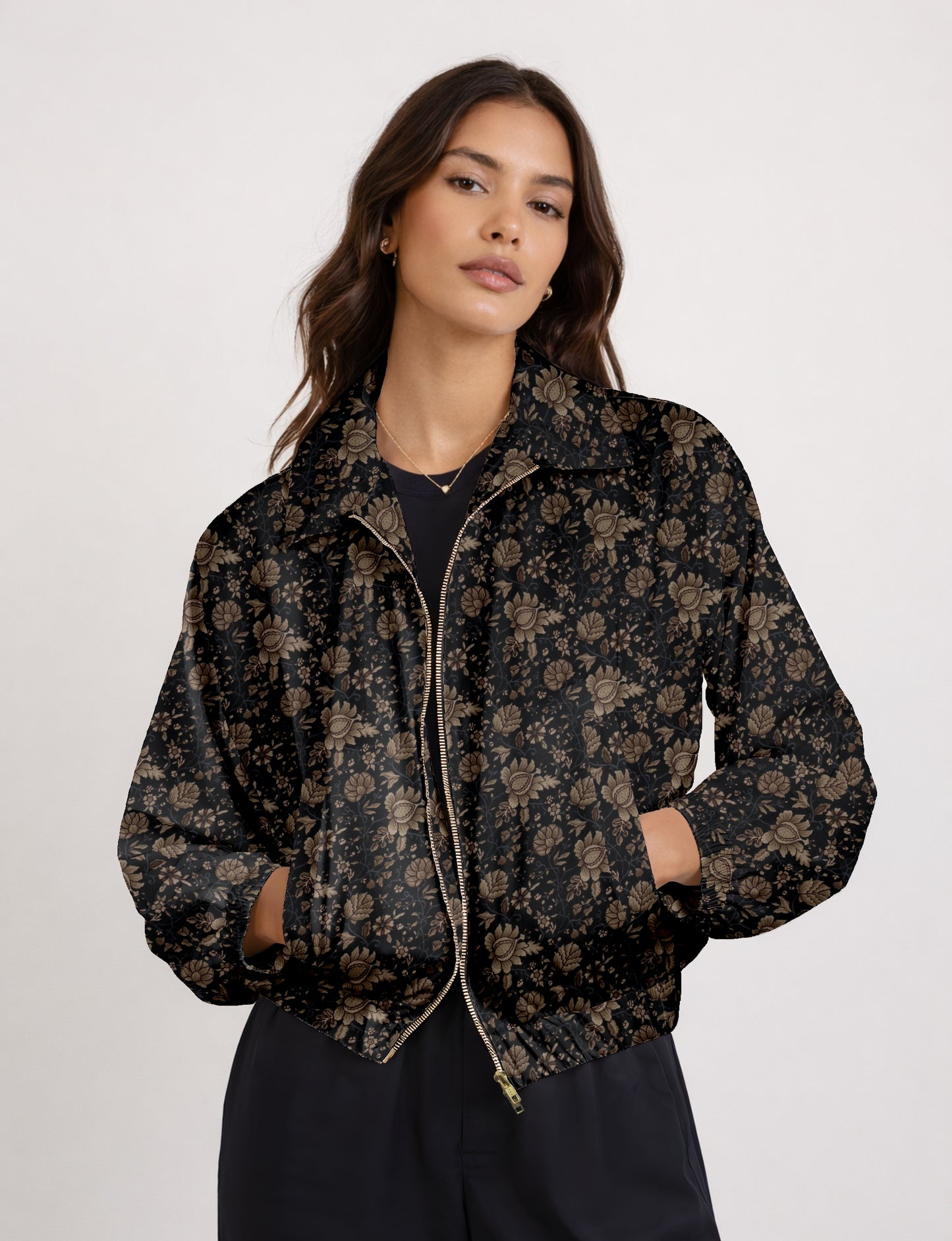 Upcycled Bomber Jacket made from recycled sari materials, featuring a cute cropped shape, elasticated hem and cuffs, and contrast sari print lining. Sustainable apparel promoting eco-friendly fashion and ethical clothing.