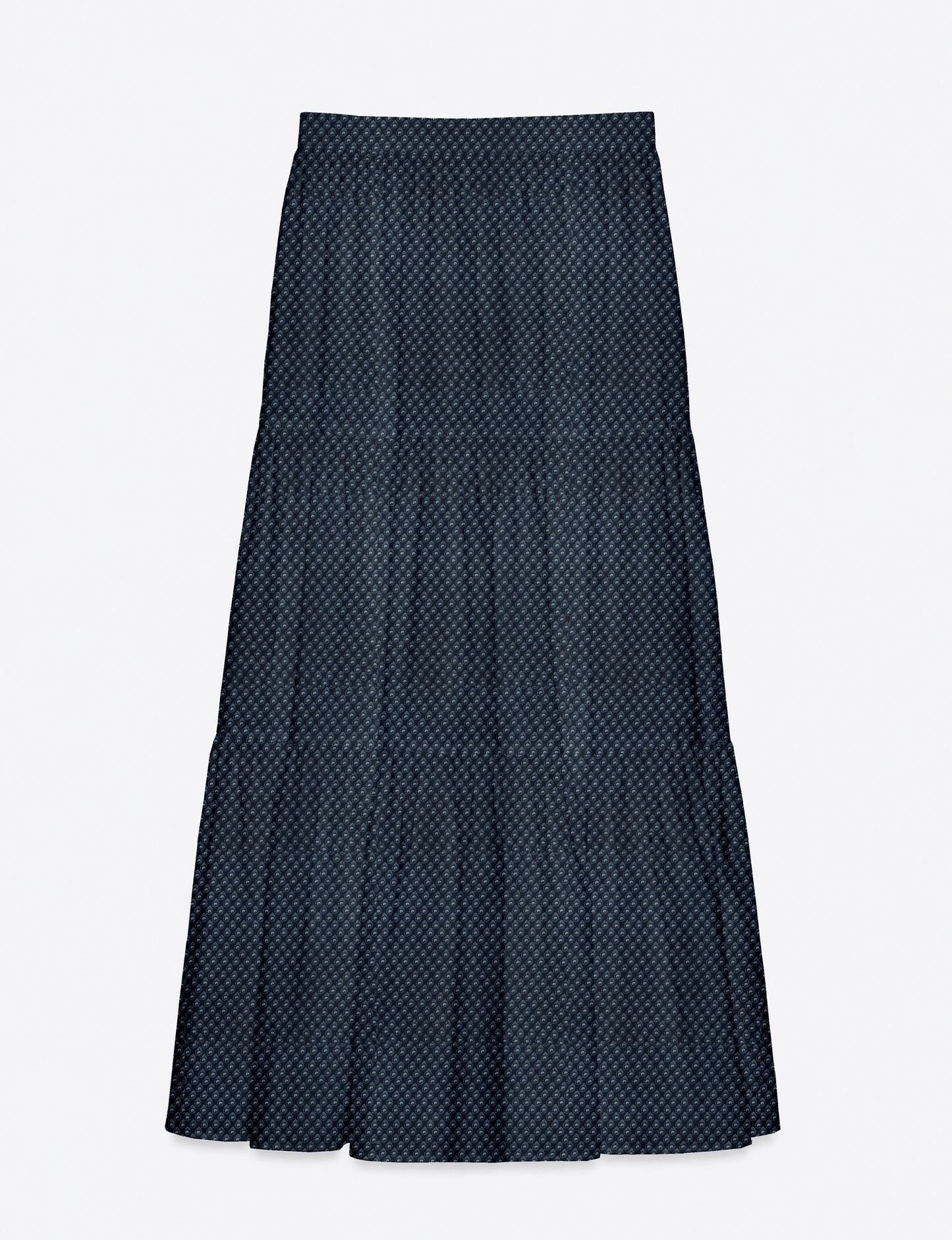 Yellow midi tiered skirt with small dark geometric micro pattern, flat lay front view
