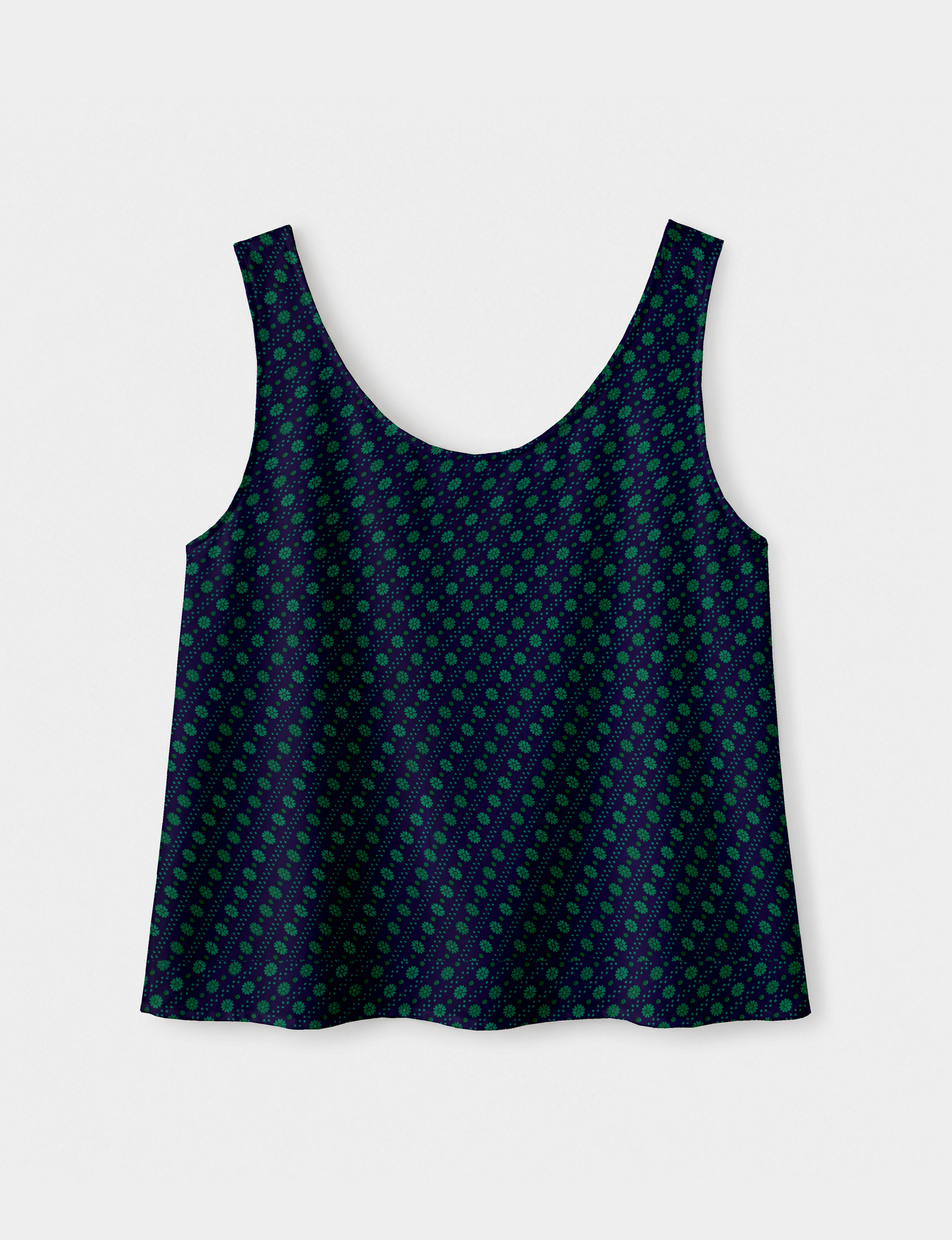 Women's sleeveless blouse with a relaxed straight fit, wide scoop neckline, deep scoop back, and hip-length silhouette.