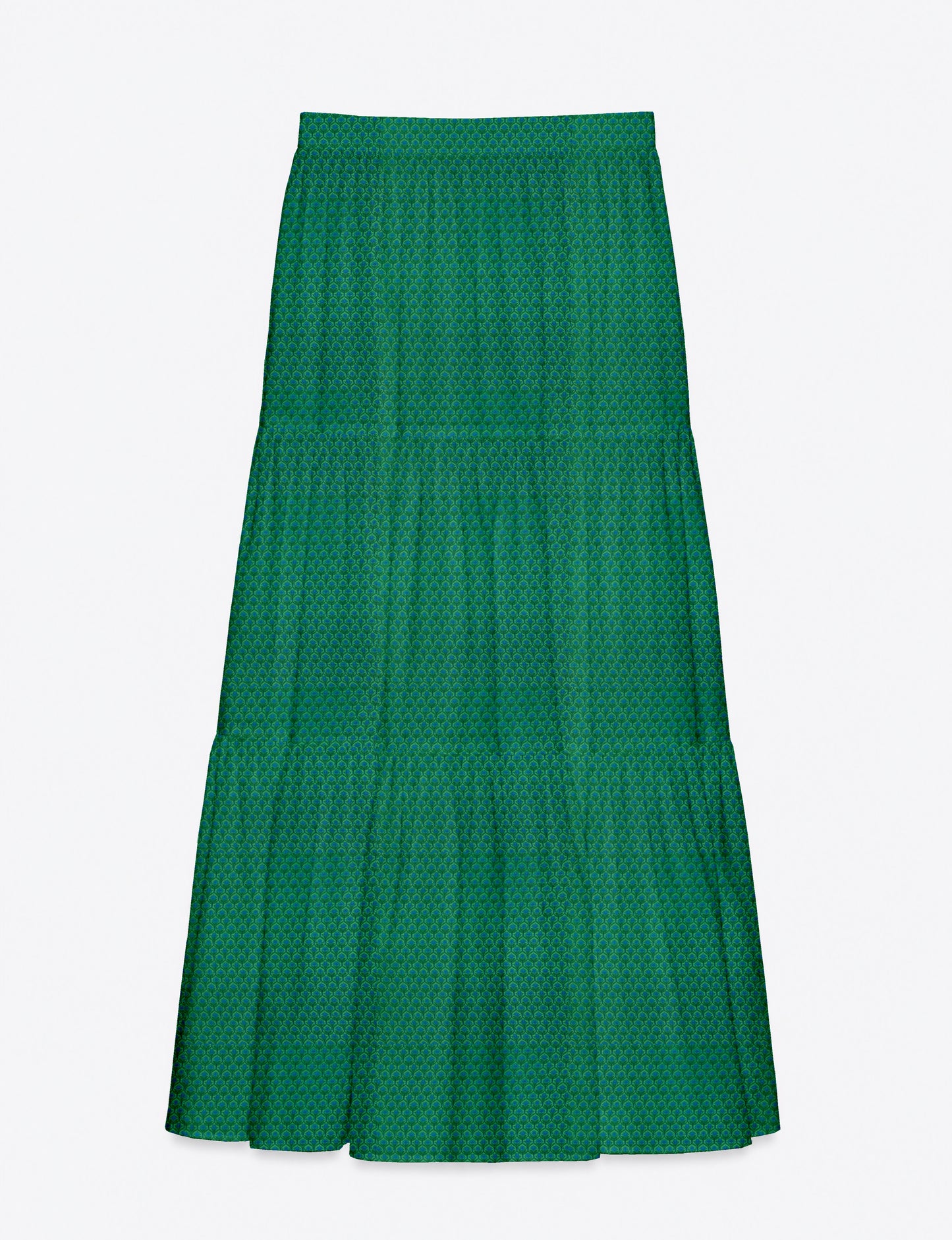 Yellow midi tiered skirt with small dark geometric micro pattern, flat lay front view