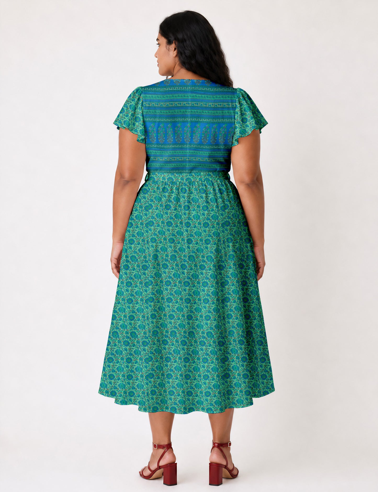 Elegant midi wrap dress with a V-neckline, adjustable waist tie, fitted bodice, and flared skirt for a timeless, flattering silhouette.