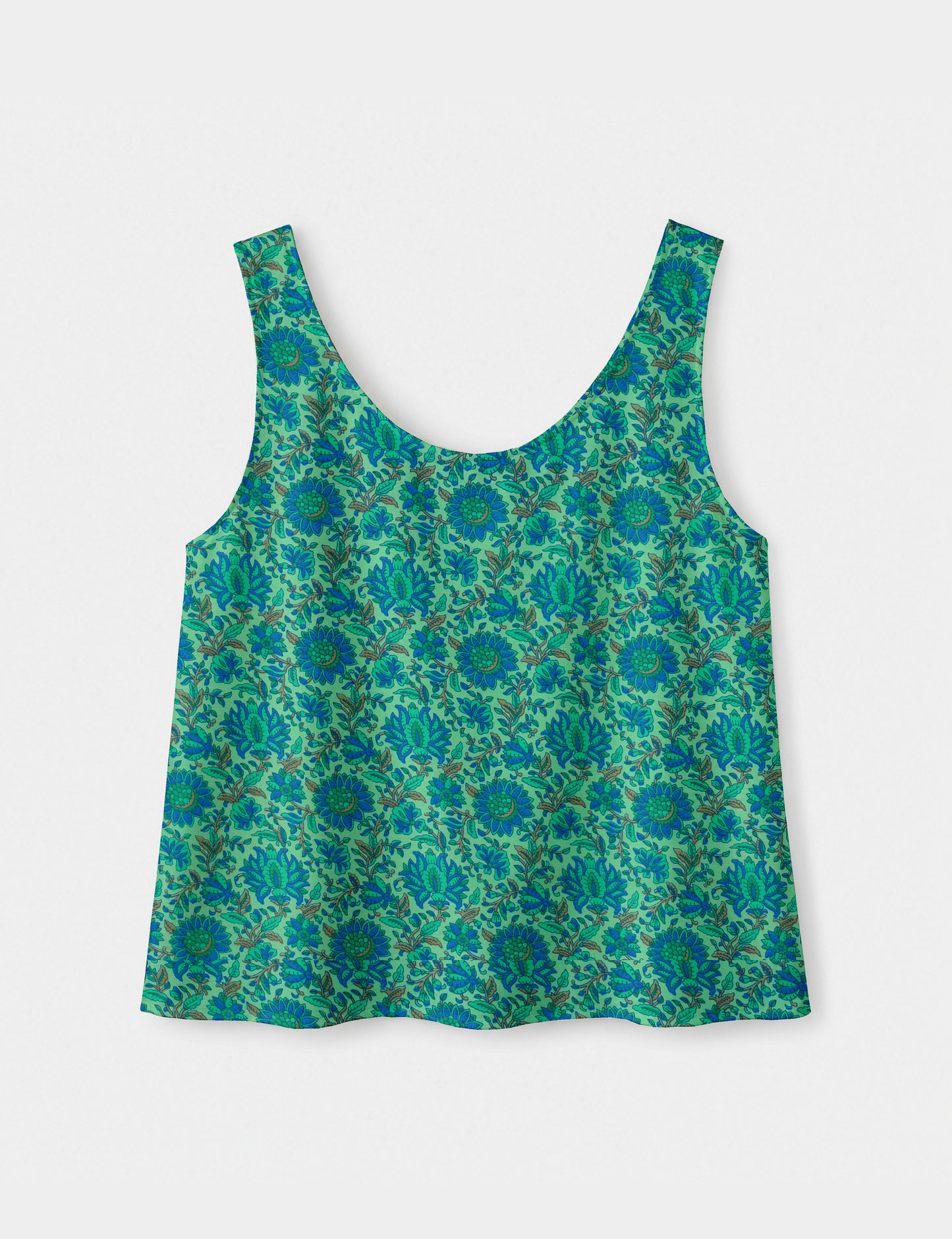 Women's sleeveless blouse with a relaxed straight fit, wide scoop neckline, deep scoop back, and hip-length silhouette.