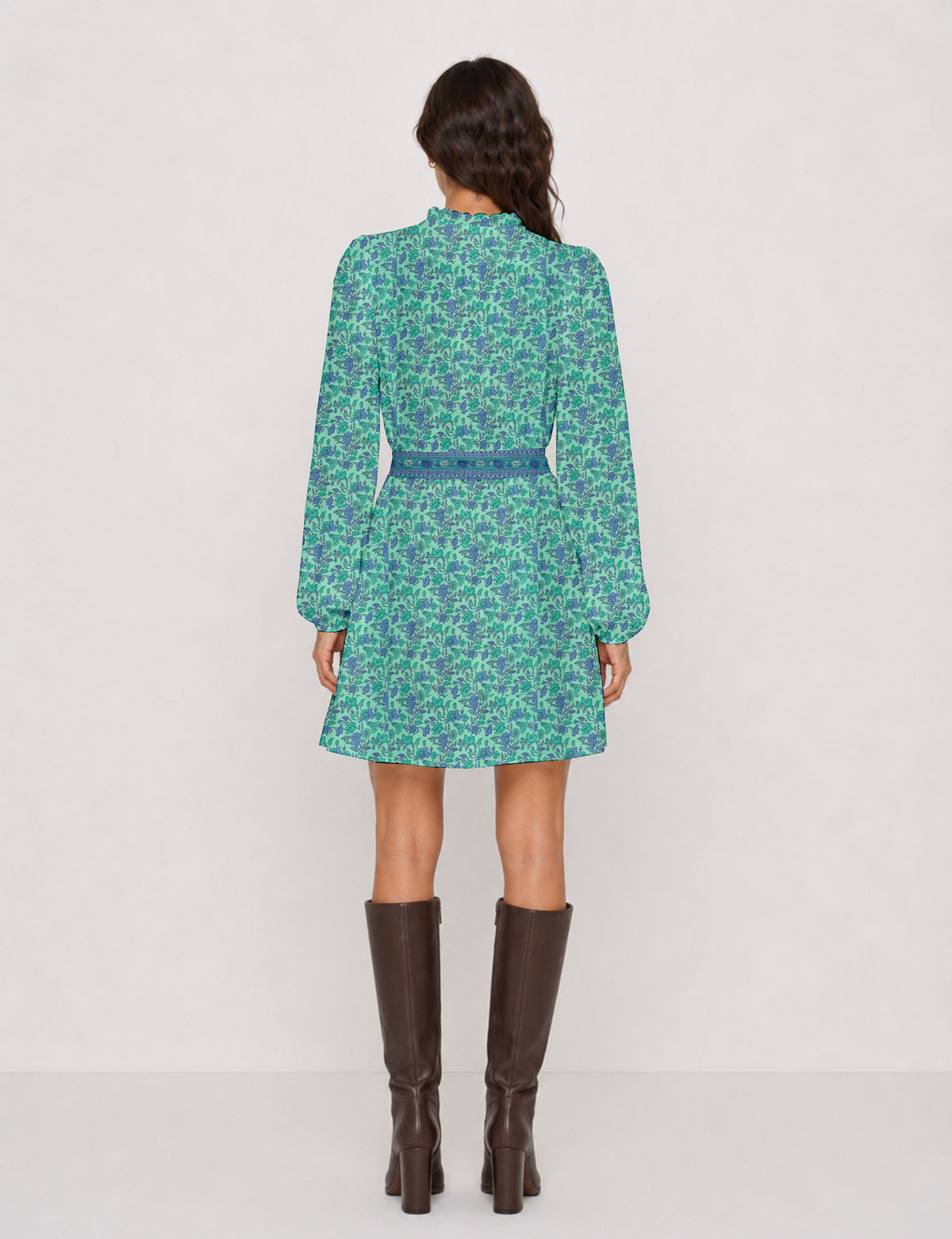 Swing dress with belt - Blue Floral