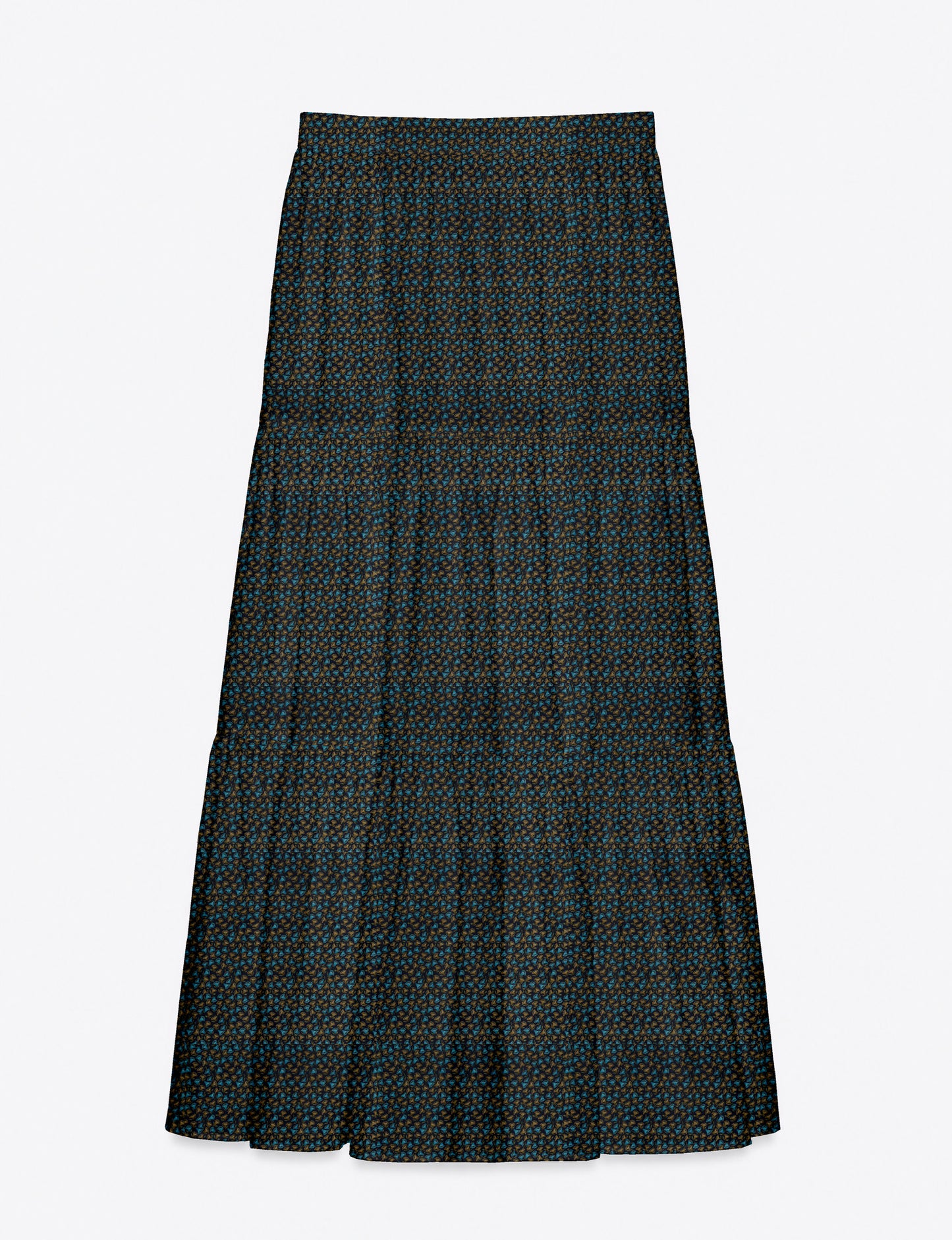 Yellow midi tiered skirt with small dark geometric micro pattern, flat lay front view