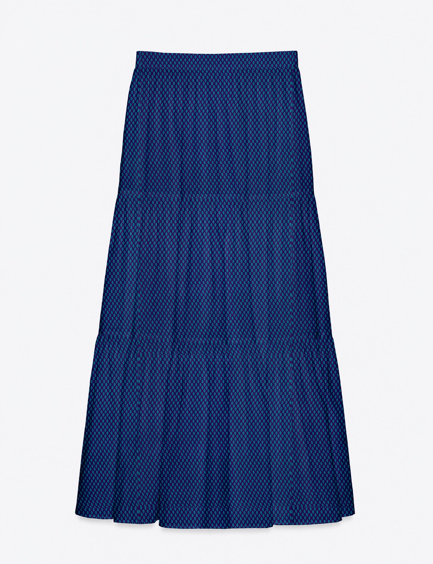 Blue midi tiered skirt with small green diamond micro pattern, flat lay front view