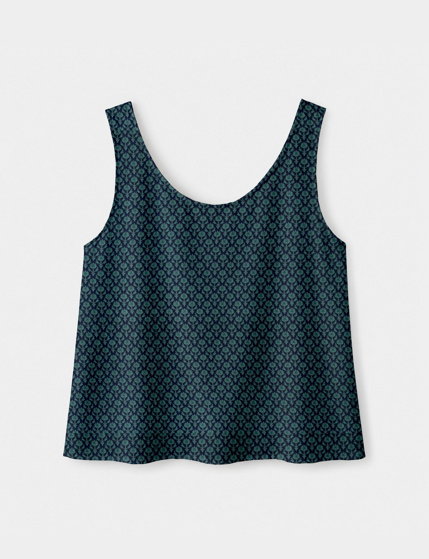 Women's sleeveless blouse with a relaxed straight fit, wide scoop neckline, deep scoop back, and hip-length silhouette.
