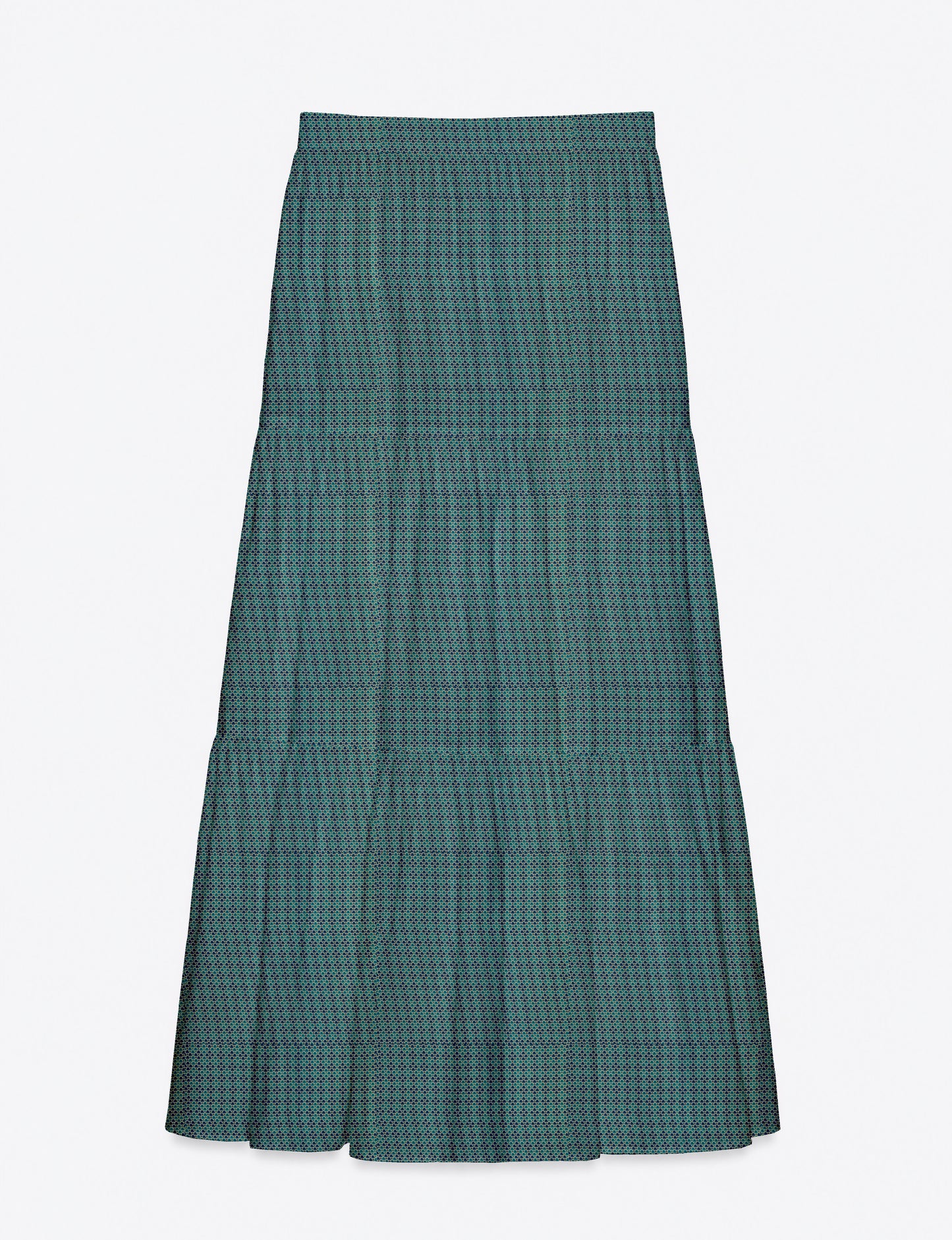 Yellow midi tiered skirt with small dark geometric micro pattern, flat lay front view