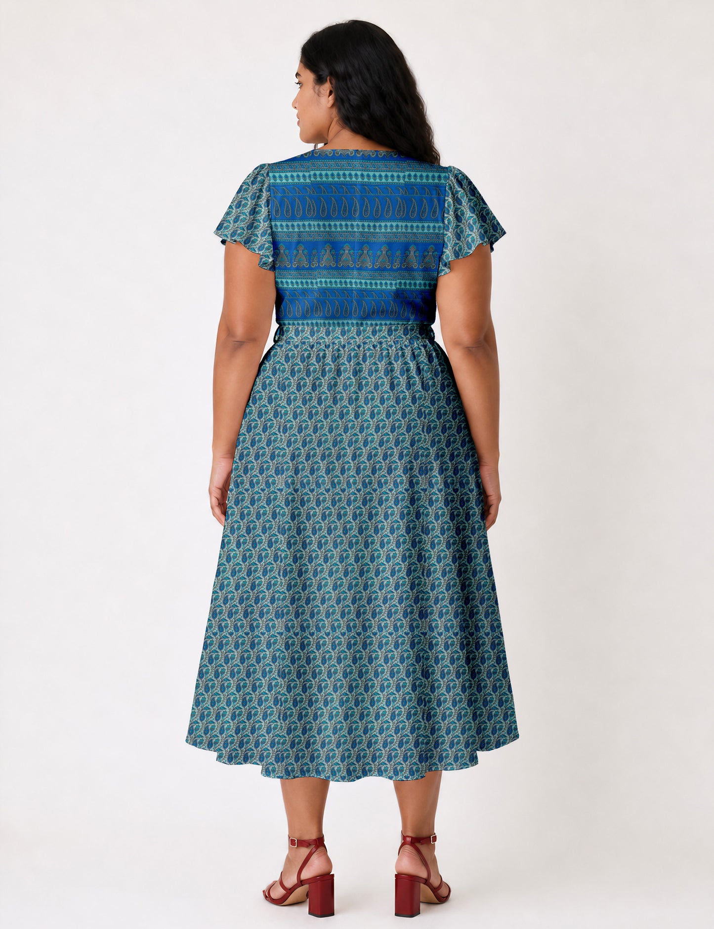 Elegant midi wrap dress with a V-neckline, adjustable waist tie, fitted bodice, and flared skirt for a timeless, flattering silhouette.