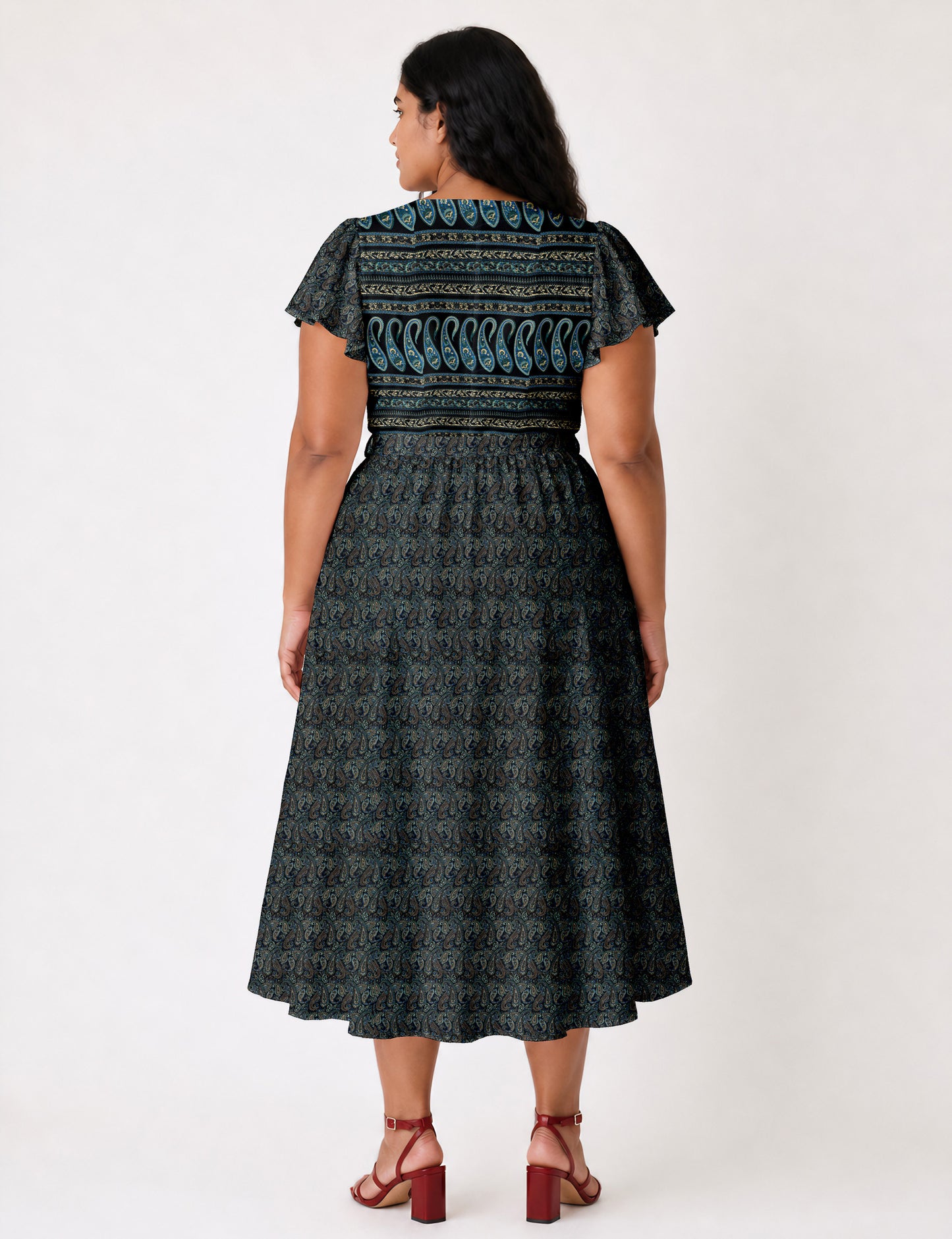 Elegant midi wrap dress with a V-neckline, adjustable waist tie, fitted bodice, and flared skirt for a timeless, flattering silhouette.