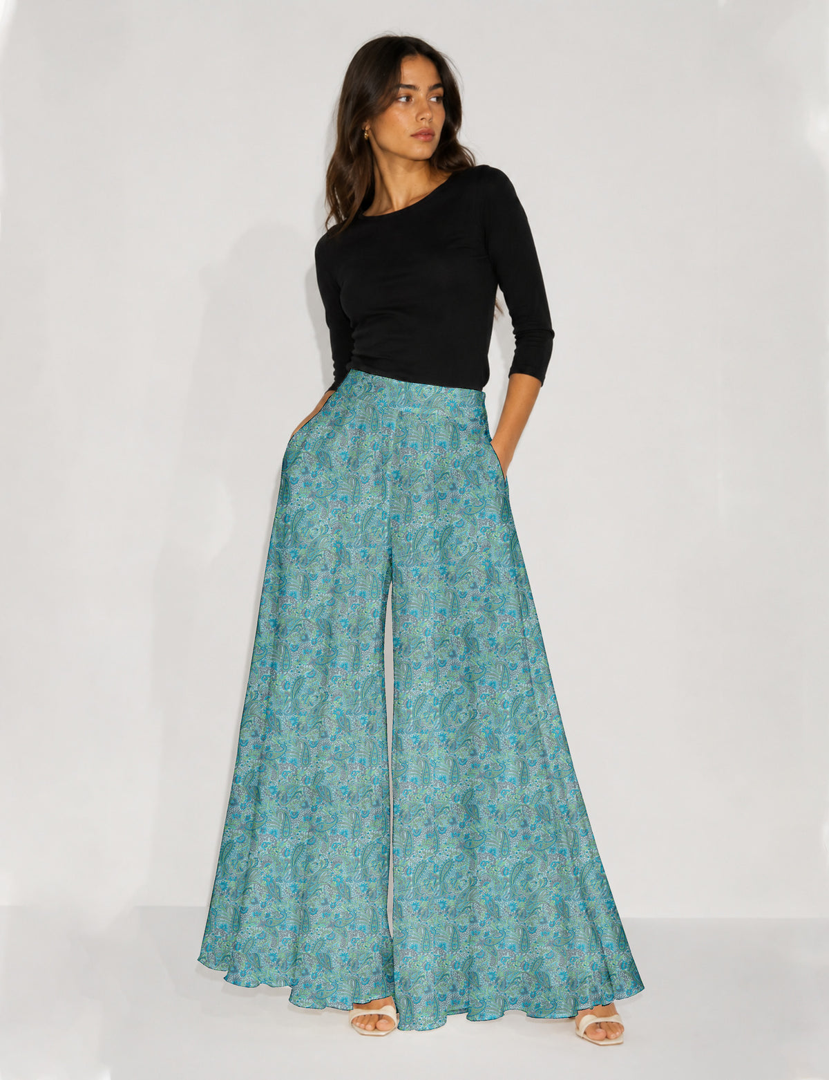 Wide Leg Palazzo Trousers - Blue Paisley