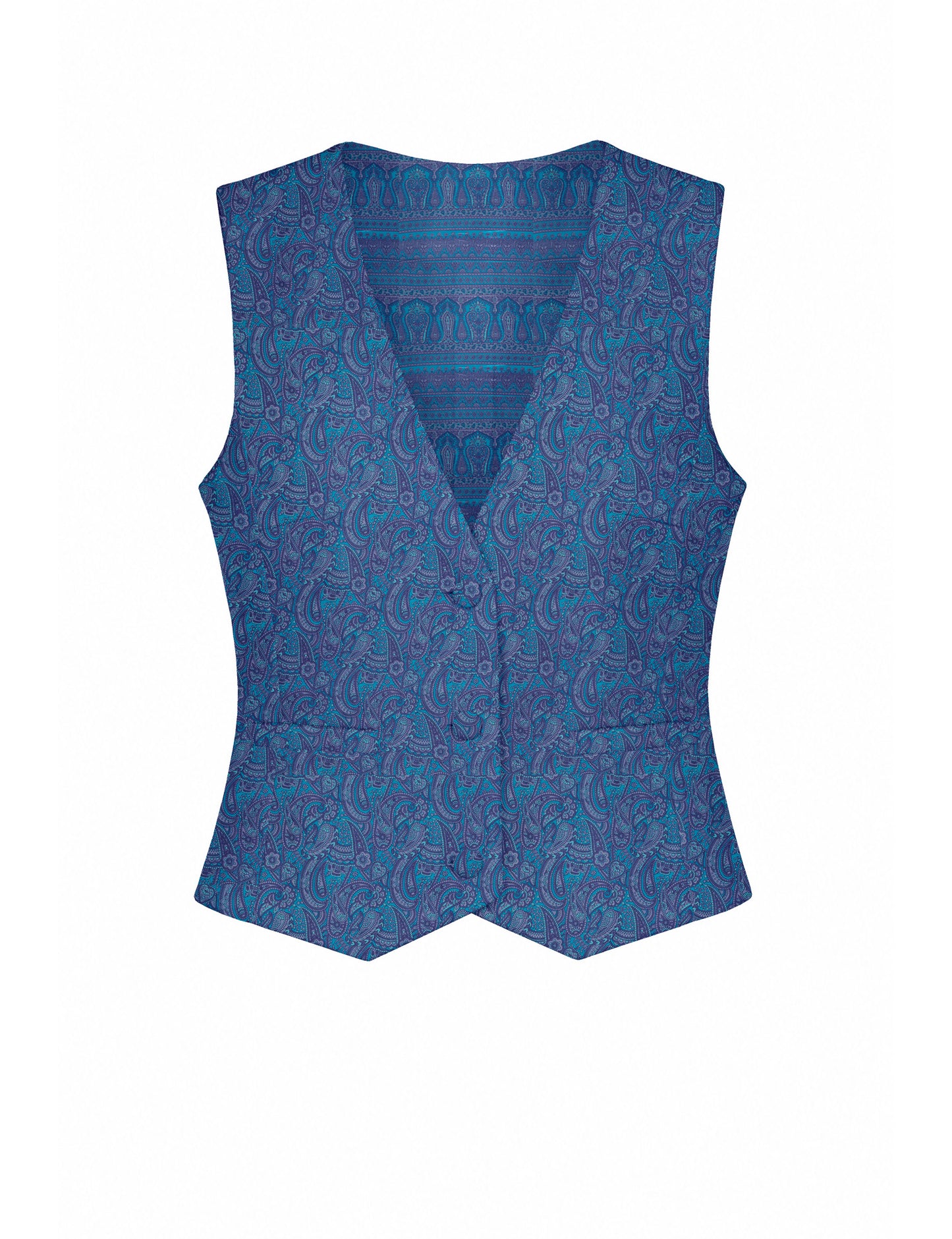 Women's fitted waistcoat with V-neck, single-breasted button closure, tailored silhouette, and pointed hem in sustainable fashion.