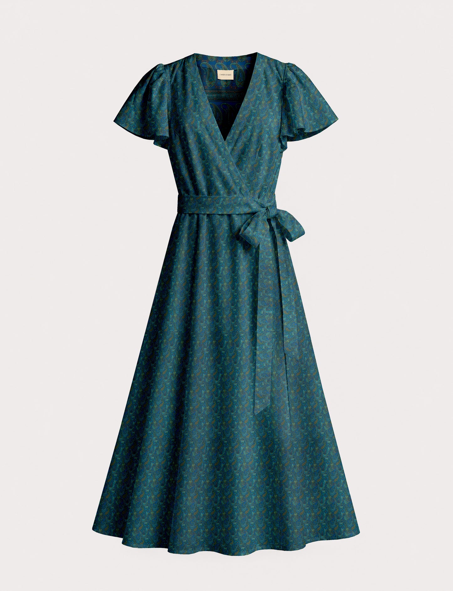 Midi wrap dress with V-neckline, fitted bodice, tie waist, and flared mid-calf skirt
