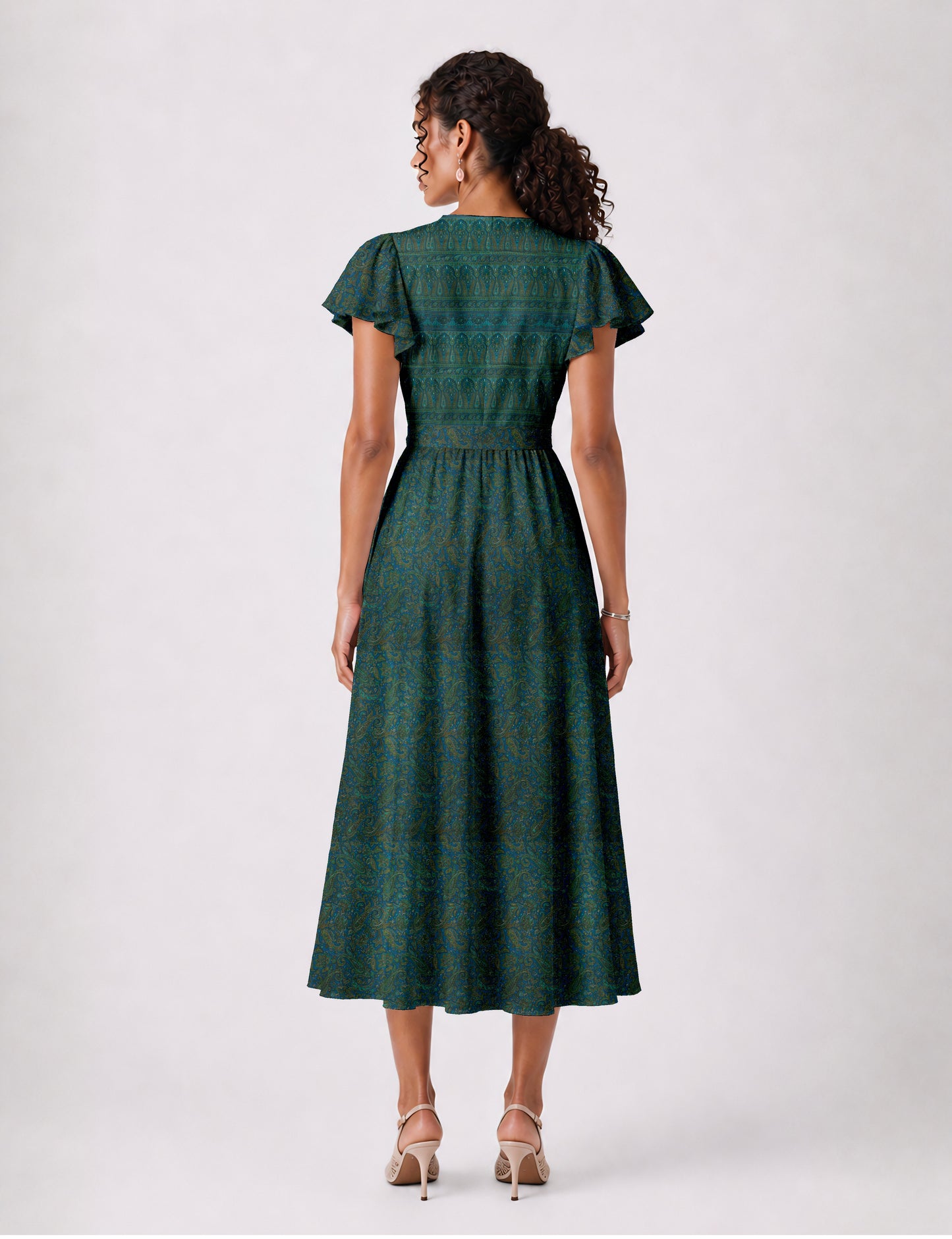 Midi wrap dress with V-neckline, fitted bodice, tie waist, and flared mid-calf skirt